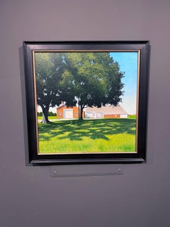 John Mansueto, "Sunny Shadows" 20x20, Rural Orange Barn Original Oil Painting