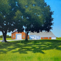John Mansueto, "Sunny Shadows" 20x20, Ländliche Orangenscheune Original Ölgemälde
