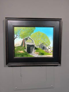 John Mansueto, "Trio of Barns" 11x14, Green Rural Barn Original Oil Painting