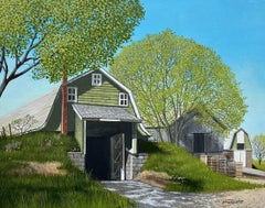 John Mansueto - John Mansueto, "Trio of Barns" 11x14, Green Rural Barn Original Oil Painting John Mansueto, "Trio of Barns" 11x14, Green Rural Barn Original Oil Painting
