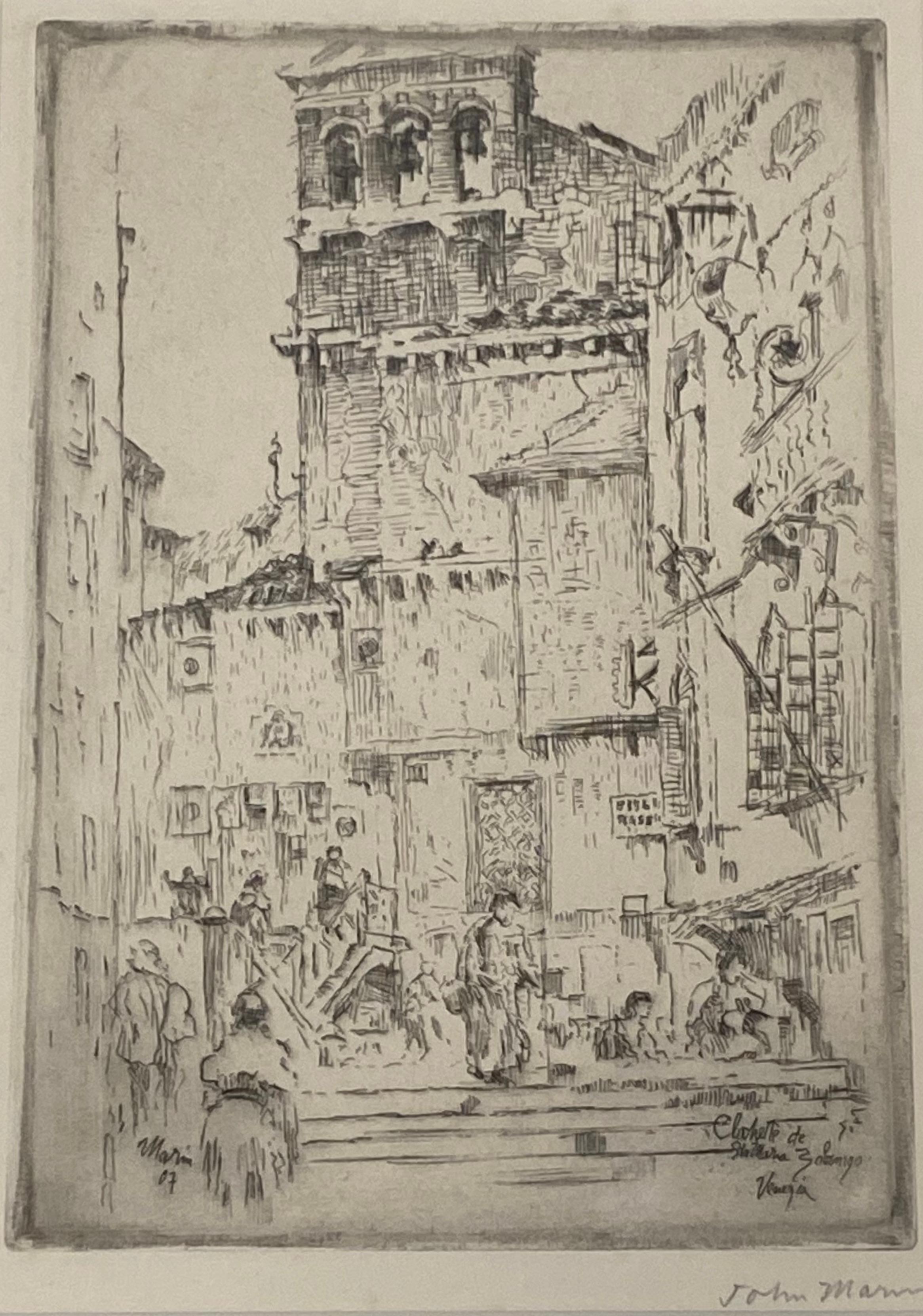 John Marin "Torre dell'orologio di Santa Maria Zobenigo, Venezia, Italia" Acquaforte del 1907 ca.