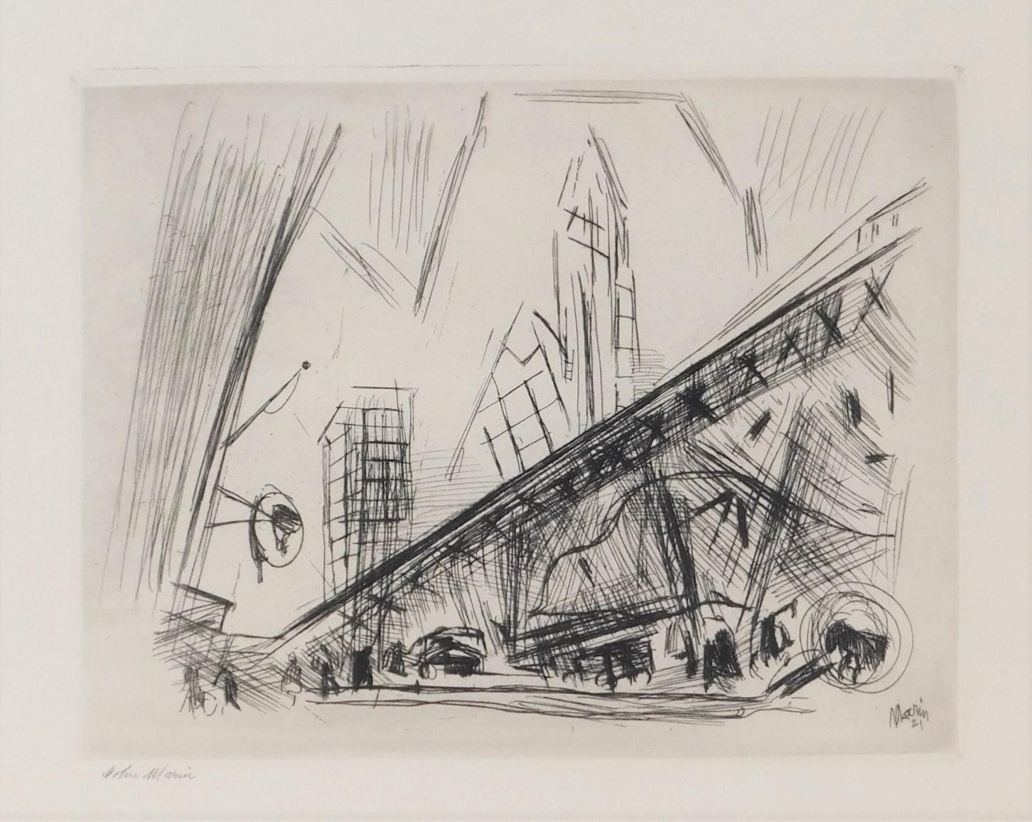 Beautiful etching by John Marin (1870-1953) created 1921.
Title: Downtown, The El (From the New Republic Set)
Medium: Etching 
Size: 6 7/8 x 8 5/8. Sheet: 10 3/4 x 14. Mat: 16 x 17 3/4
Signed in pencil lower left. Also signed and dated lower right