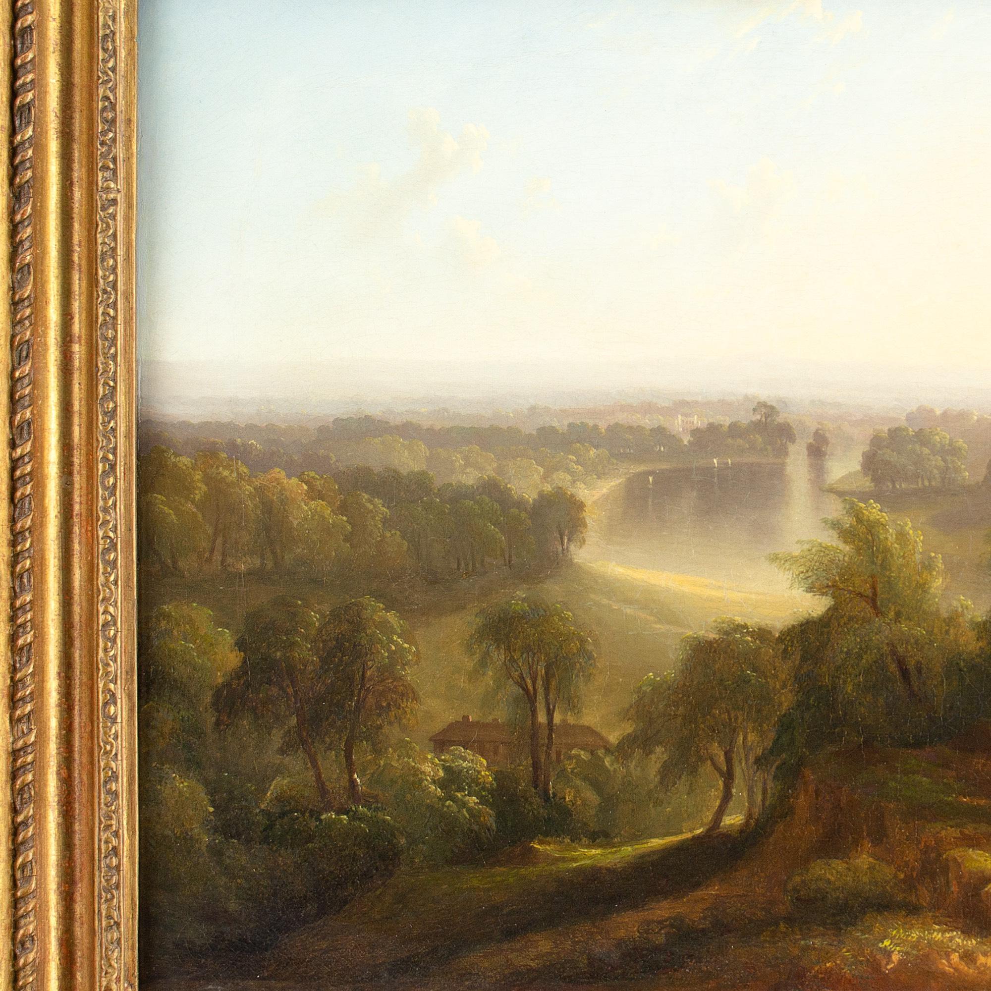 This mid-19th-century oil painting depicts a view from Richmond Hill across a wide expanse of the River Thames.

Winding its way between a verdant array of leafy, tree-lined pastures, the commanding Thames shimmers in mid-Summer. From Richmond Hill,