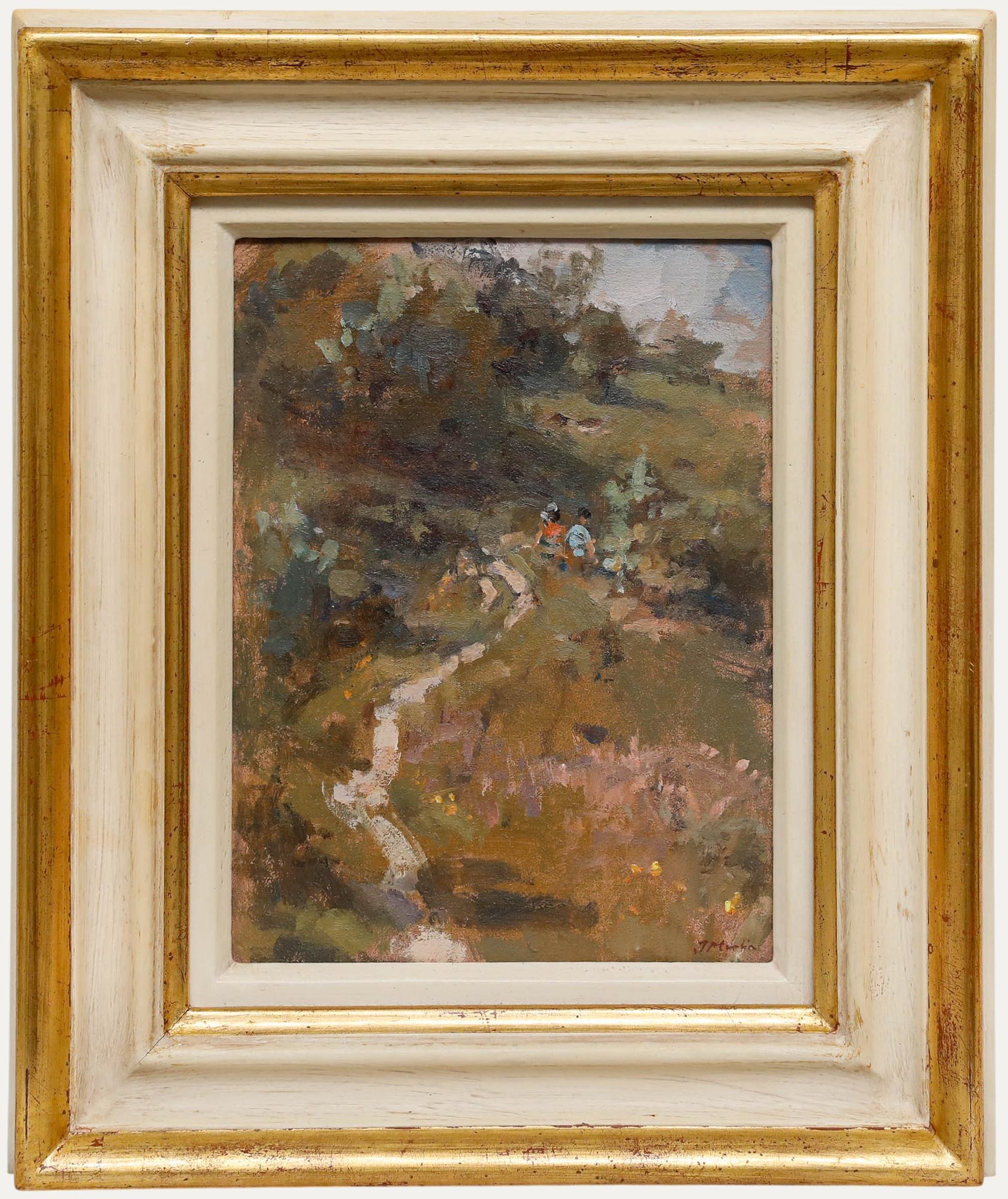 Questo dipinto di paesaggio impressionista cattura un sentiero tortuoso attraverso una collina rigogliosa e verdeggiante. Le pennellate sciolte dell'artista e le calde tonalità della terra creano un senso di movimento e di bellezza naturale, con una