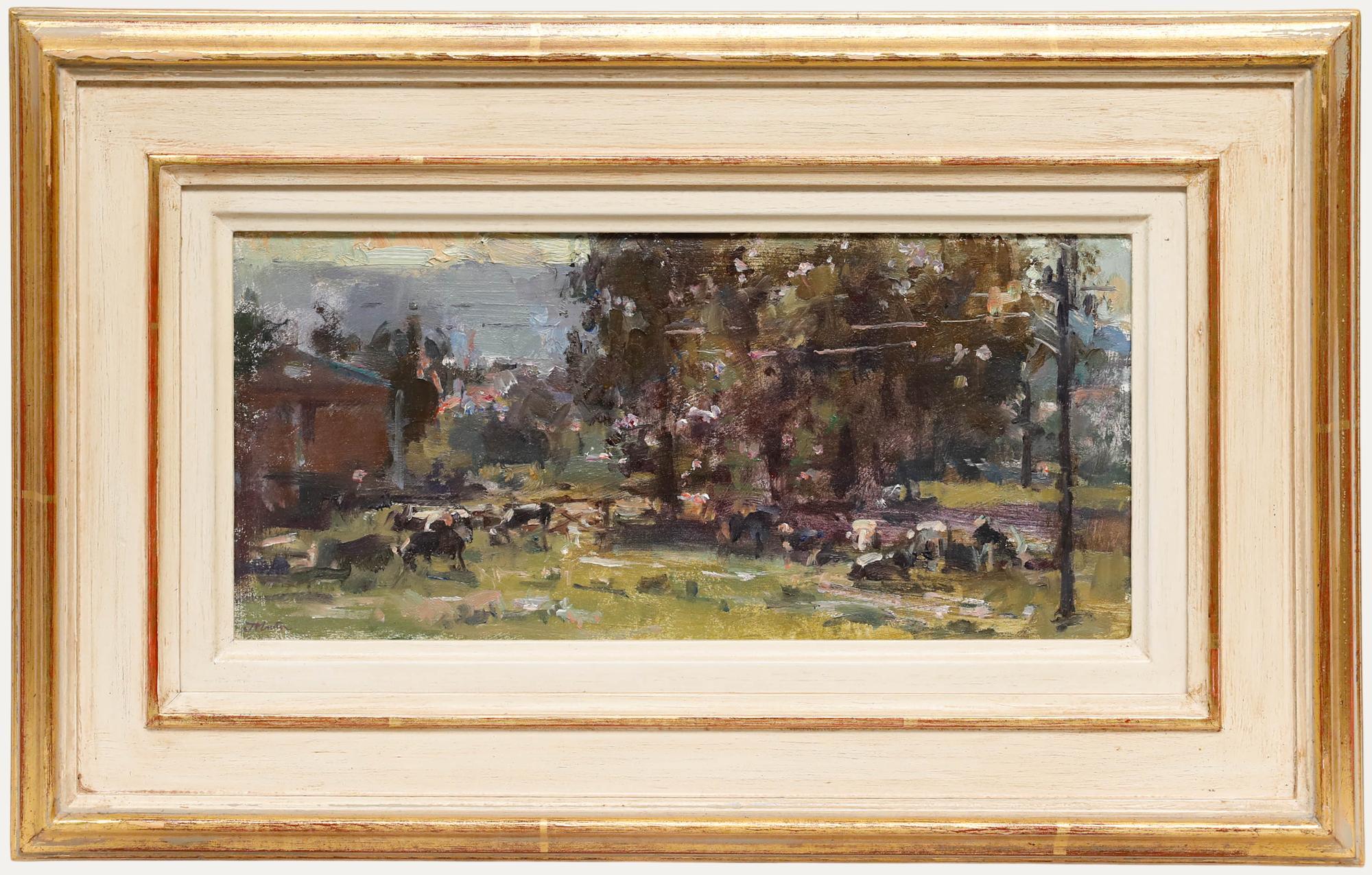 This impressionistic landscape captures a serene pastoral scene, with cattle grazing in a sun-dappled meadow framed by trees and distant structures. The artist's loose brushwork and warm colour palette evoke the golden light of late afternoon,