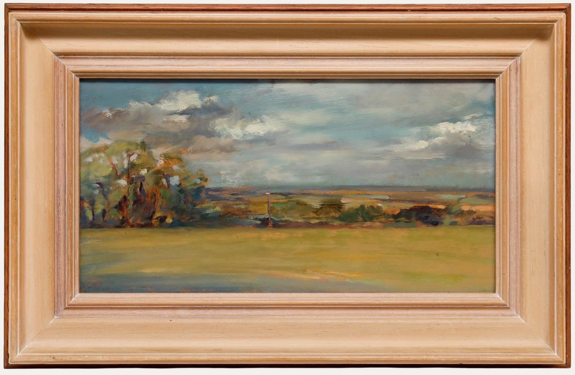 This atmospheric landscape painting captures a vast, golden field stretching towards the horizon, punctuated by a cluster of trees on the left and distant structures on the right. The artist skilfully renders a dramatic sky with swirling clouds and