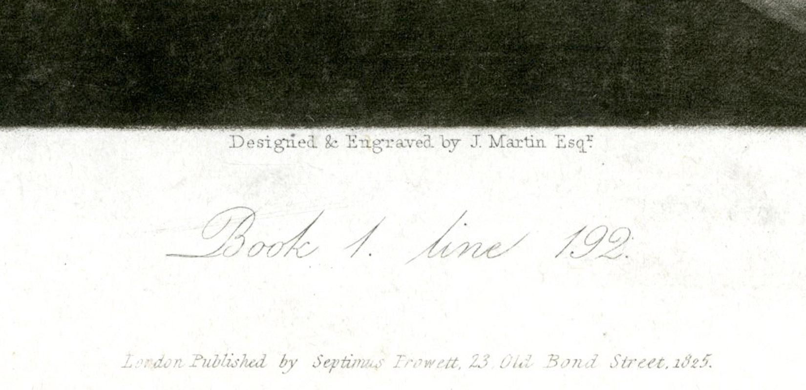 Buch 1, Zeile 192: Satan auf dem brennenden See
Mezzotinto, 1825
Eingravierte Unterschrift unterhalb des Bildes (siehe Foto)
Aus John Miltons 