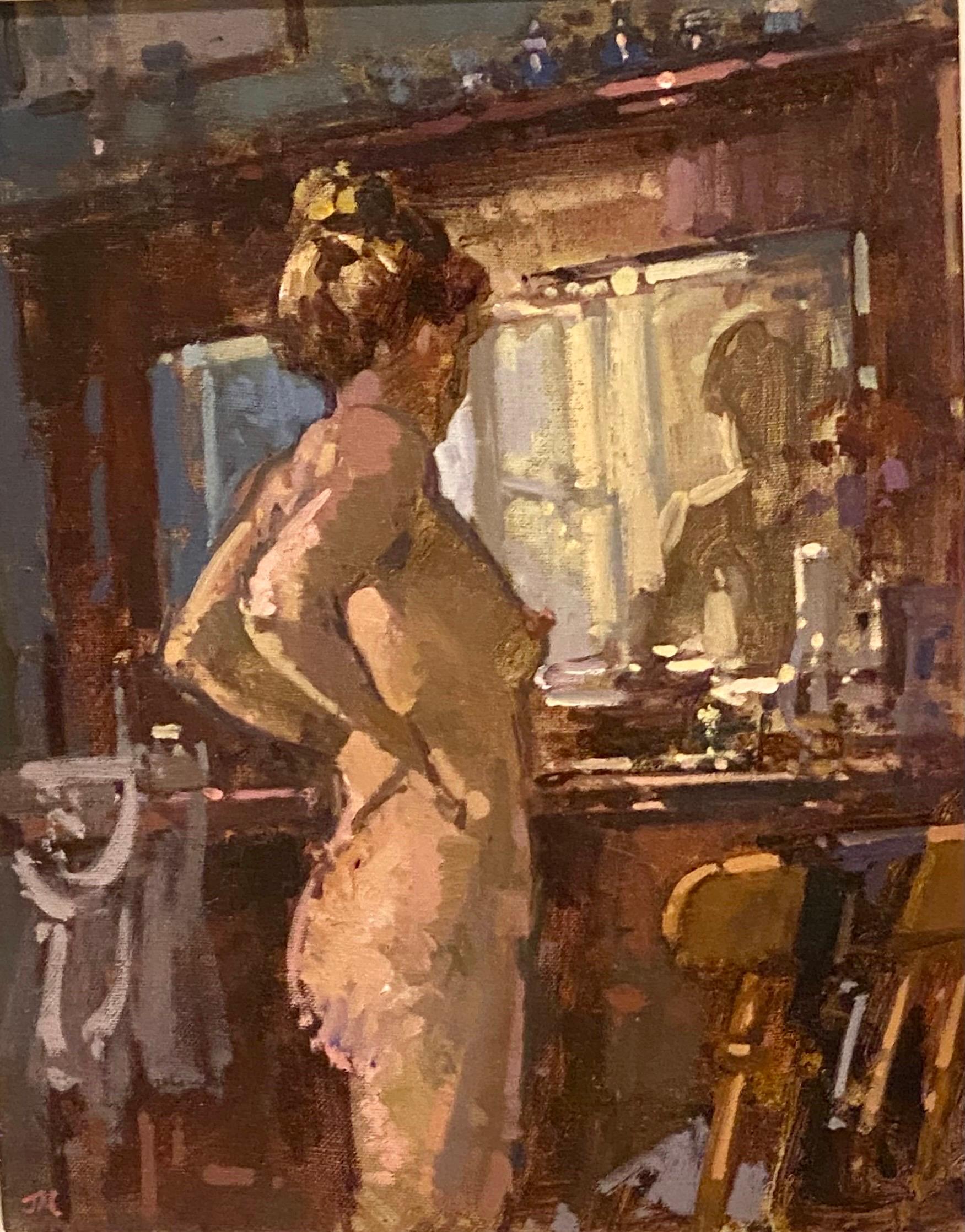 British John Martin 1957 RBA.Impressionist Nude Oil Painting Signed.Bella at the Dresser For Sale