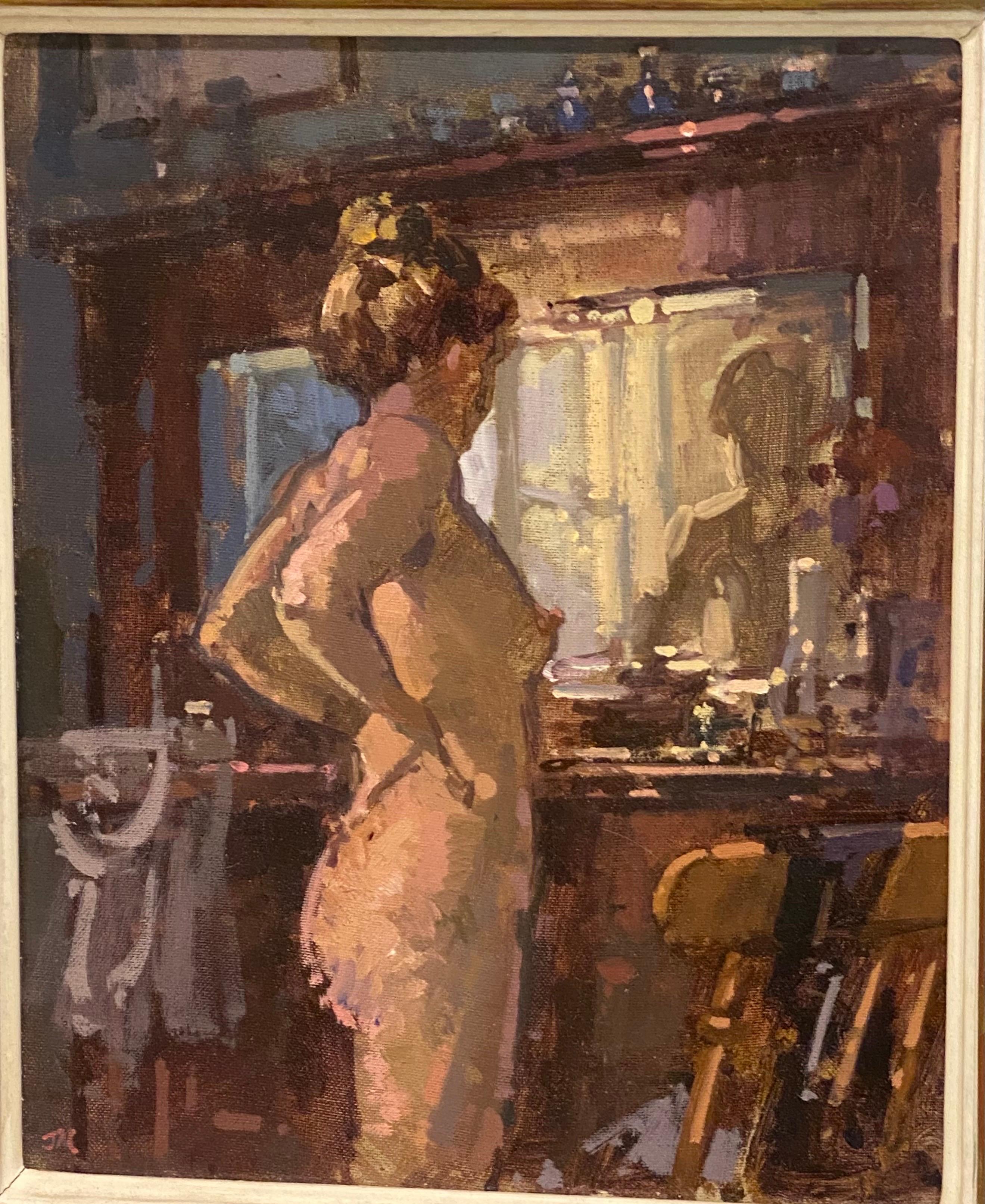 John Martin 1957 RBA.Impressionist Nude Oil Painting Signed.Bella at the Dresser For Sale 4