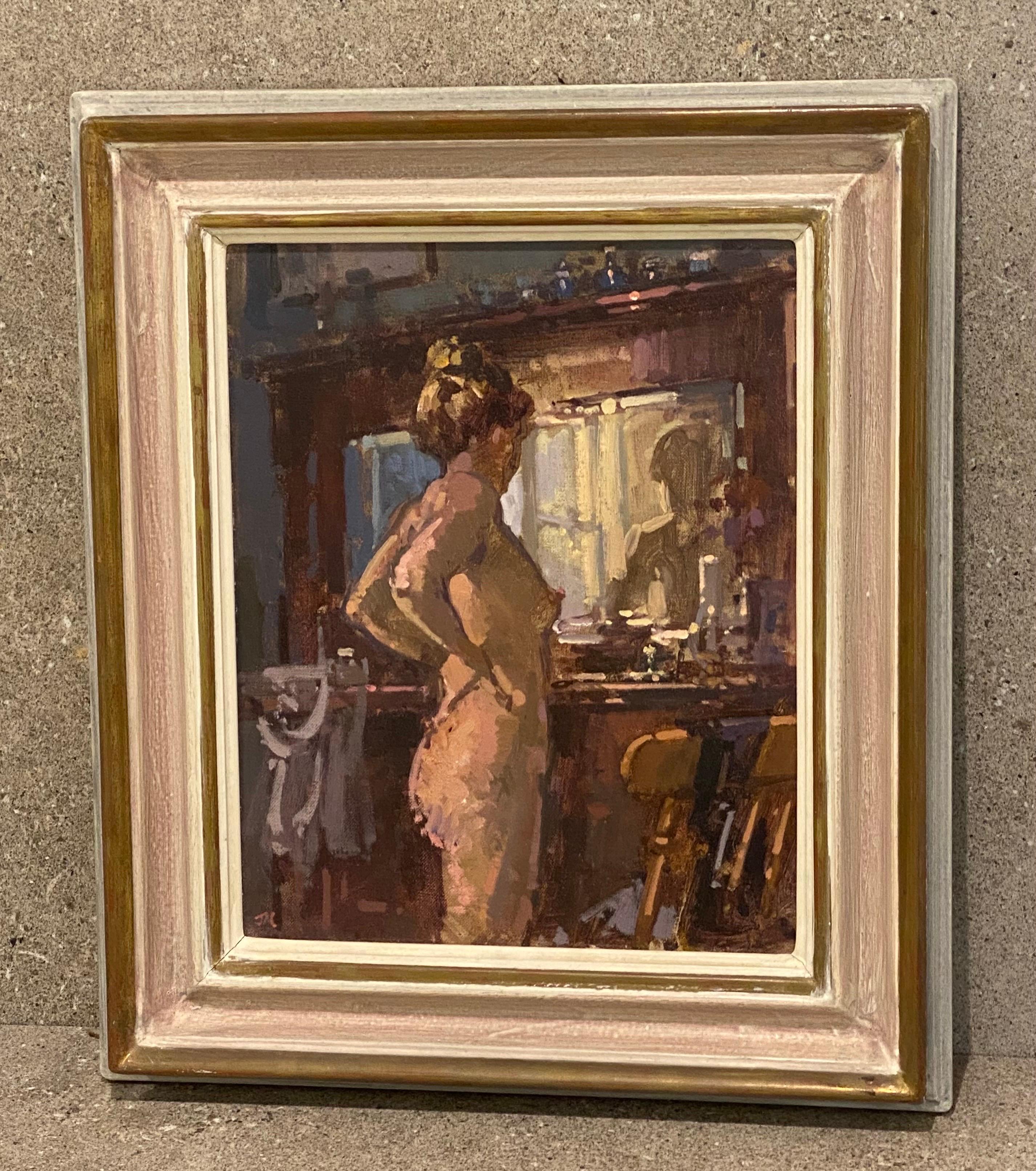 John Martin 1957 RBA. Impressionist Nude Oil on Canvas Painting 
Signed with initials JM. Titled Bella at the Dresser
John Martin was born in 1957. He studied at Hornsey followed by three years at Exeter College of Art where he obtained a First