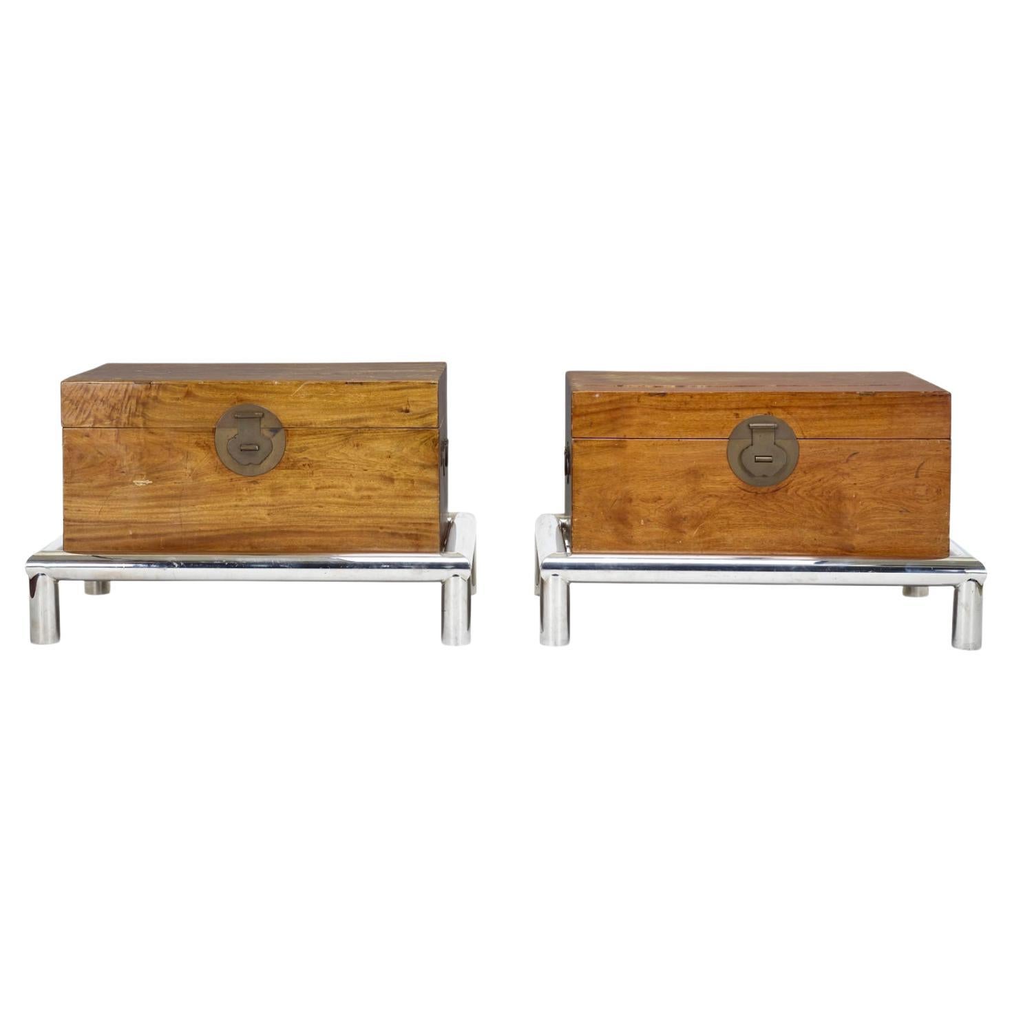 John Mascheroni custom Tubo Trunk pair, walnut, stainless steel, brass, c. 1975. This is an exceptionally rare Mid-Century Modern custom walnut trunk designed by John Mascheroni for his TUBO series produced by Vecta furniture in the 1960s. Iconic