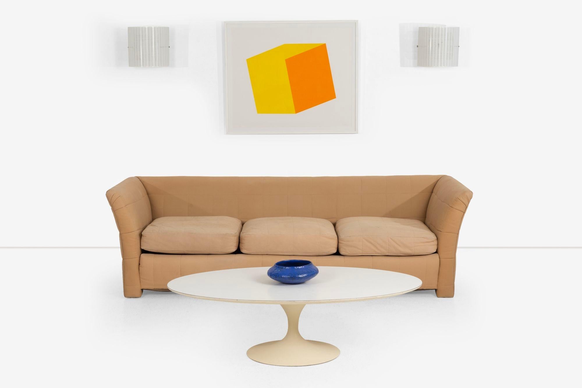 John Mascheroni for Swaim Furniture Quilted Tan Three Seat Sofa 1970's
Features angled arms and side pillows.
label underside:
John Mascheroni for Swaim Furniture
Dimensions:
96