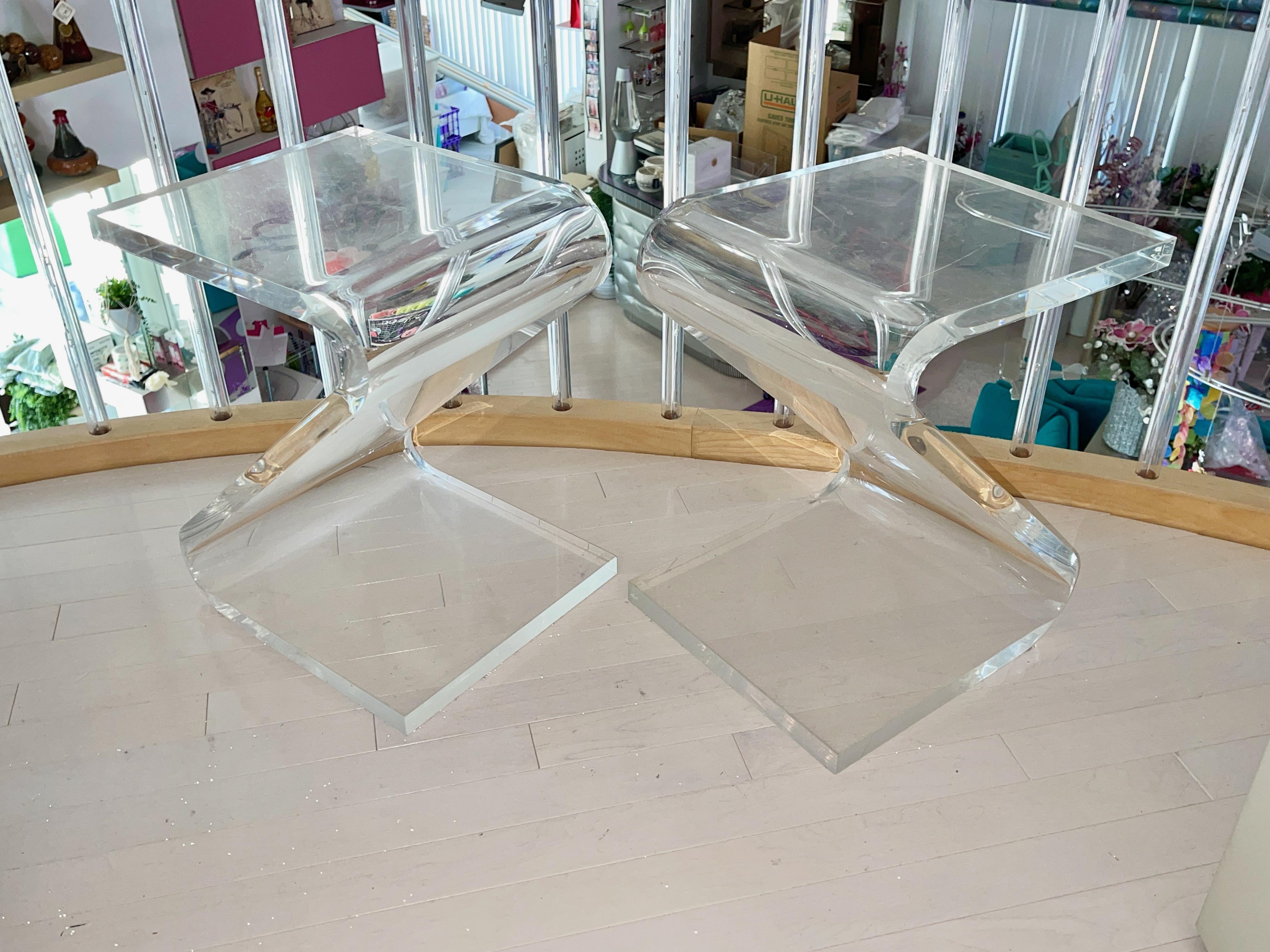Vintage 1970’s inch thick formed Lucite Z shaped telephone tables by John Mascheroni.
Technically Plexiglas as that is what Mascheroni preferred.
Often copied; never duplicated.
Very clean.

Price is per table