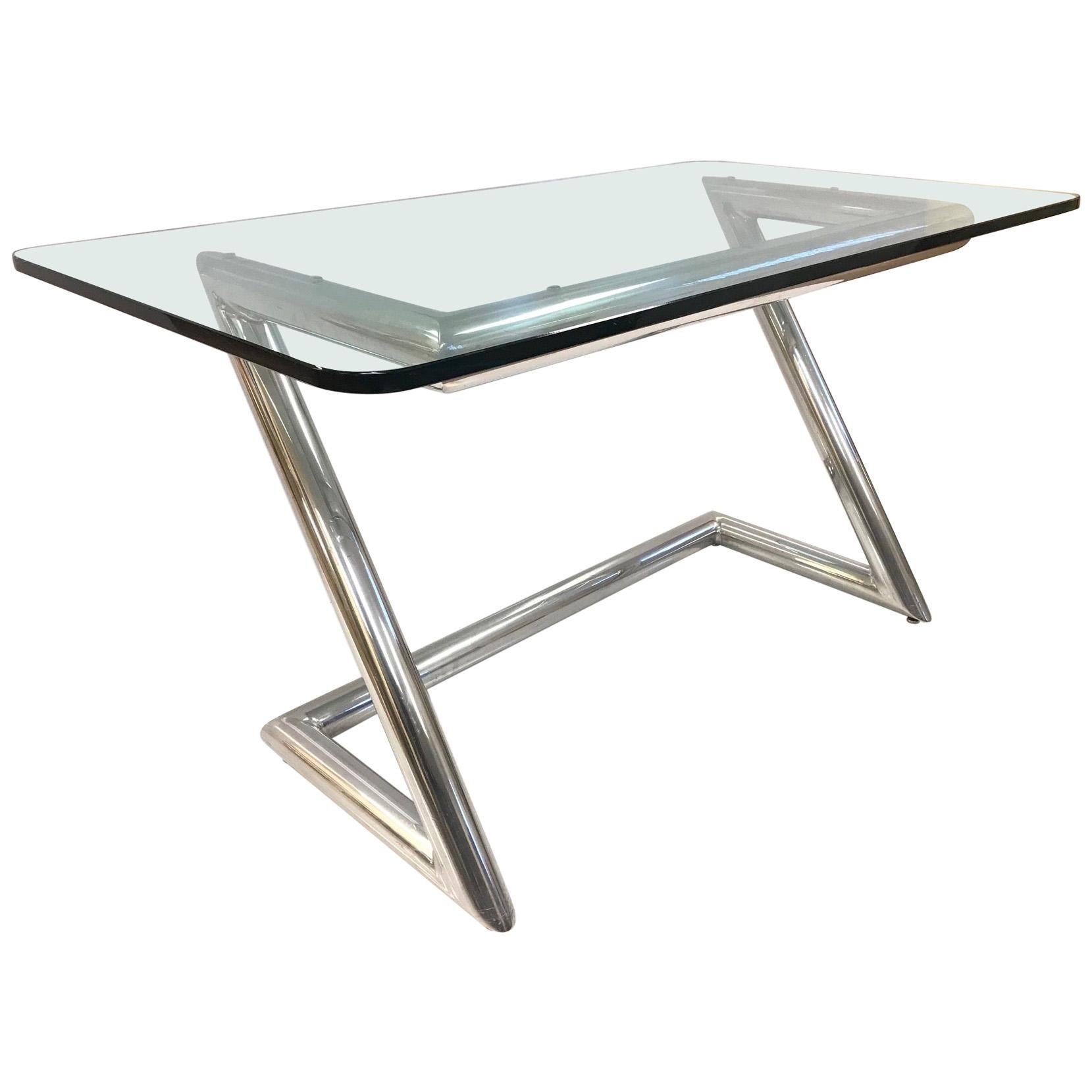 John Mascheroni Polished Aluminum and Glass Desk For Sale