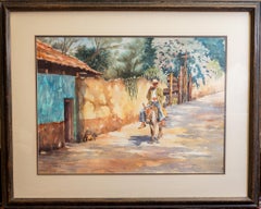 "Escena de aldea con burro y jinete" Acuarela de México Vida indígena americana