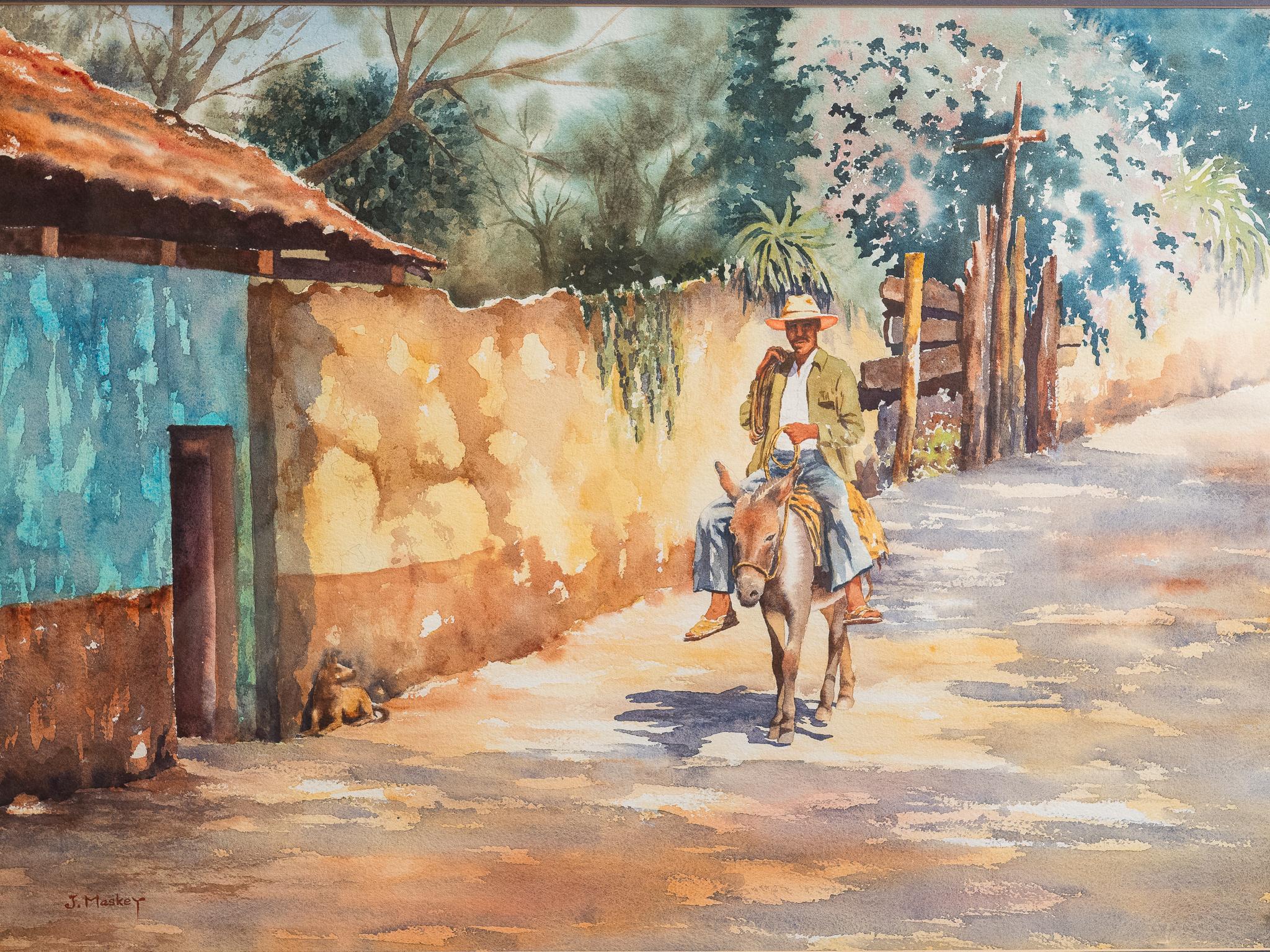 "Dorfszene mit Esel und Reiter" Aquarell eines mexikanischen Ureinwohners