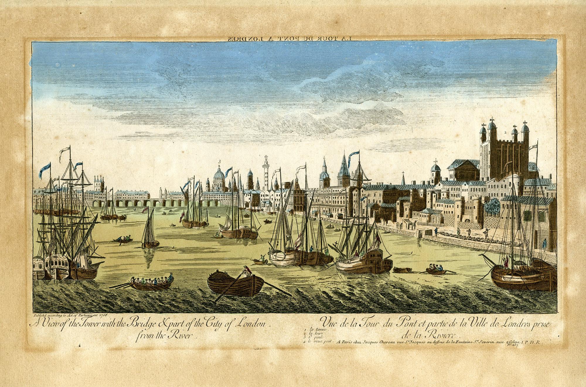 A View of the Tower w/ the Bridge and Part of the City of London from the River - Print by John Maurer