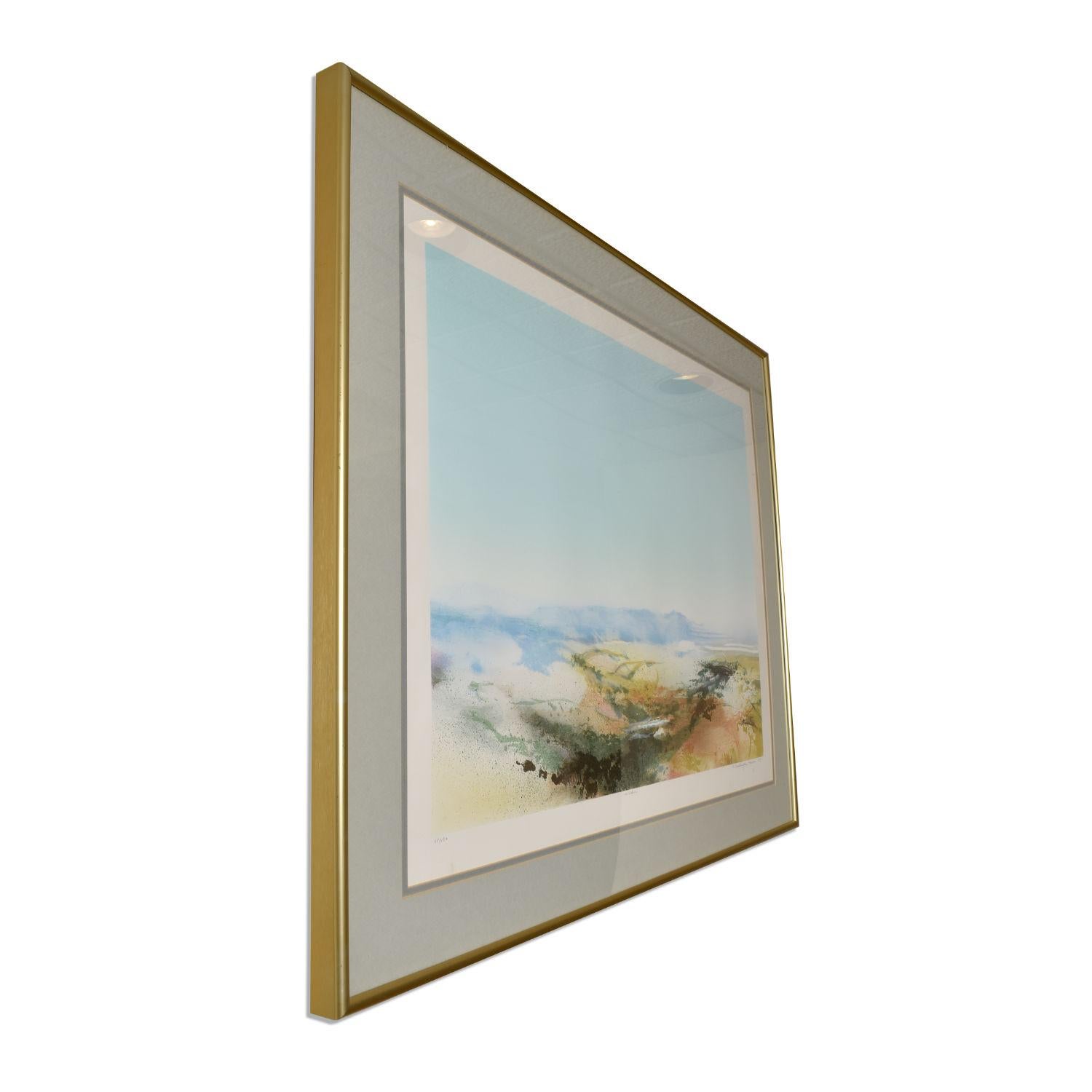 Fabulous aquatint etching by celebrated artist, contemporary painter John Maxon. The nearly four foot wide image is a broad field of sky blue with dynamic earthy strokes situated at the horizon. “Hi Rider” is abstract and open to interpretation,