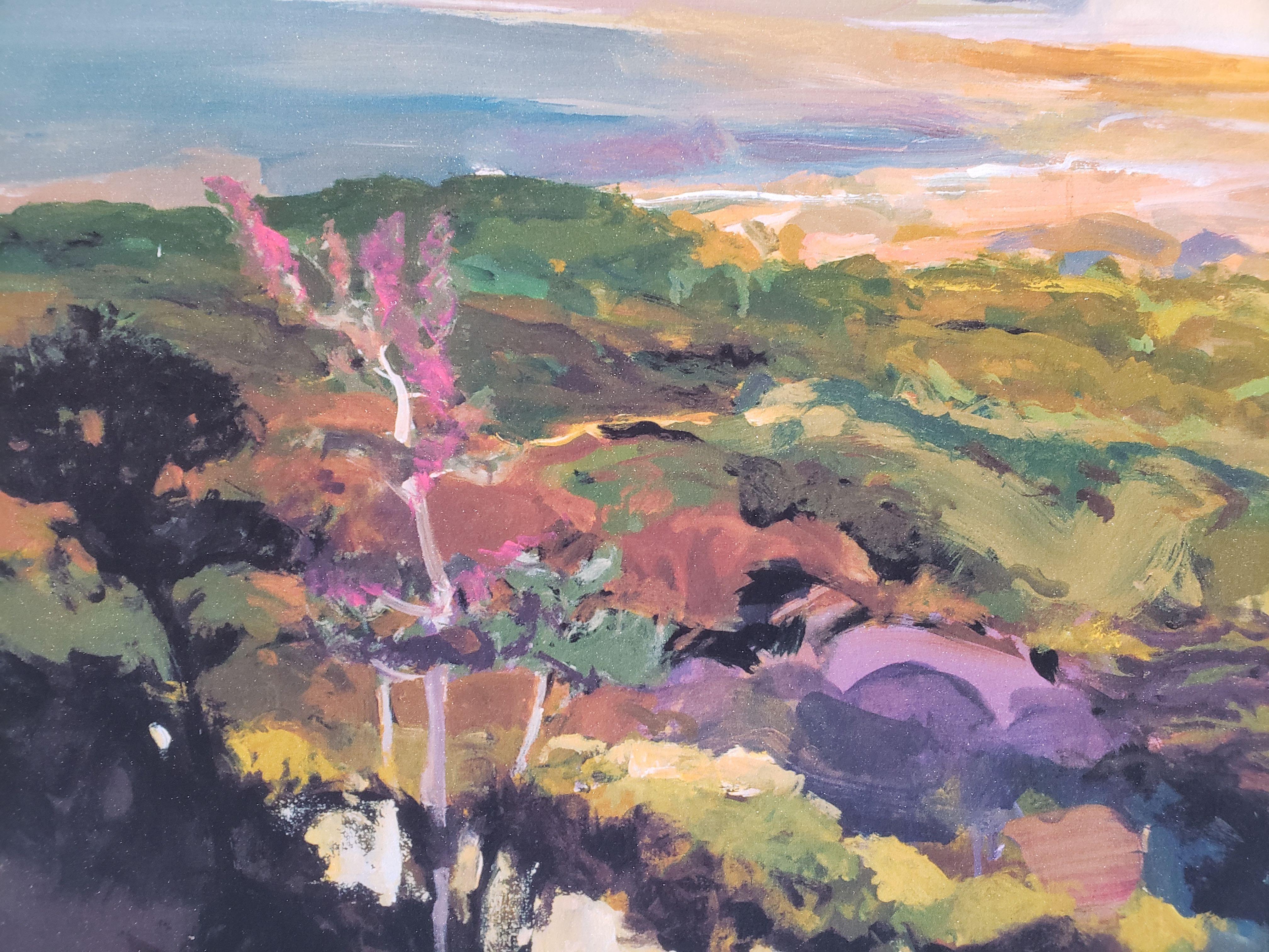 This limited edition print by California painter John Maxon features an impressionist-inspired landscape in the artist's characteristic palette of earth tones accentuated with splashes of purple, pink, and peach. Maxon's landscapes often depict the