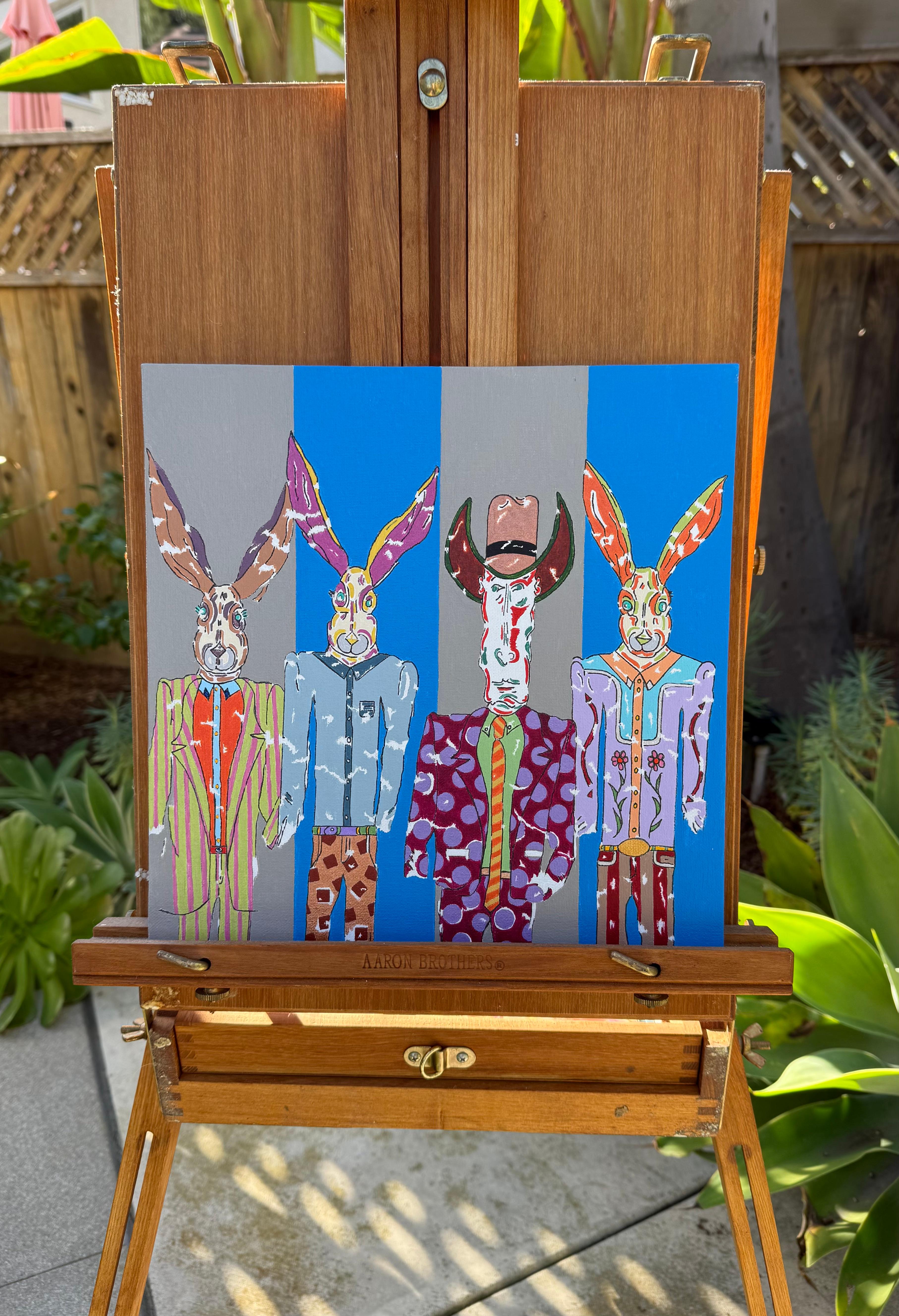 <p>Artist Comments<br>Three anthropomorphized hares and a cowboy stand side by side. Grey and blue stripes visually separate the figures from each other. The stylized suits give the characters their own personality and appeal. Artist John McCabe