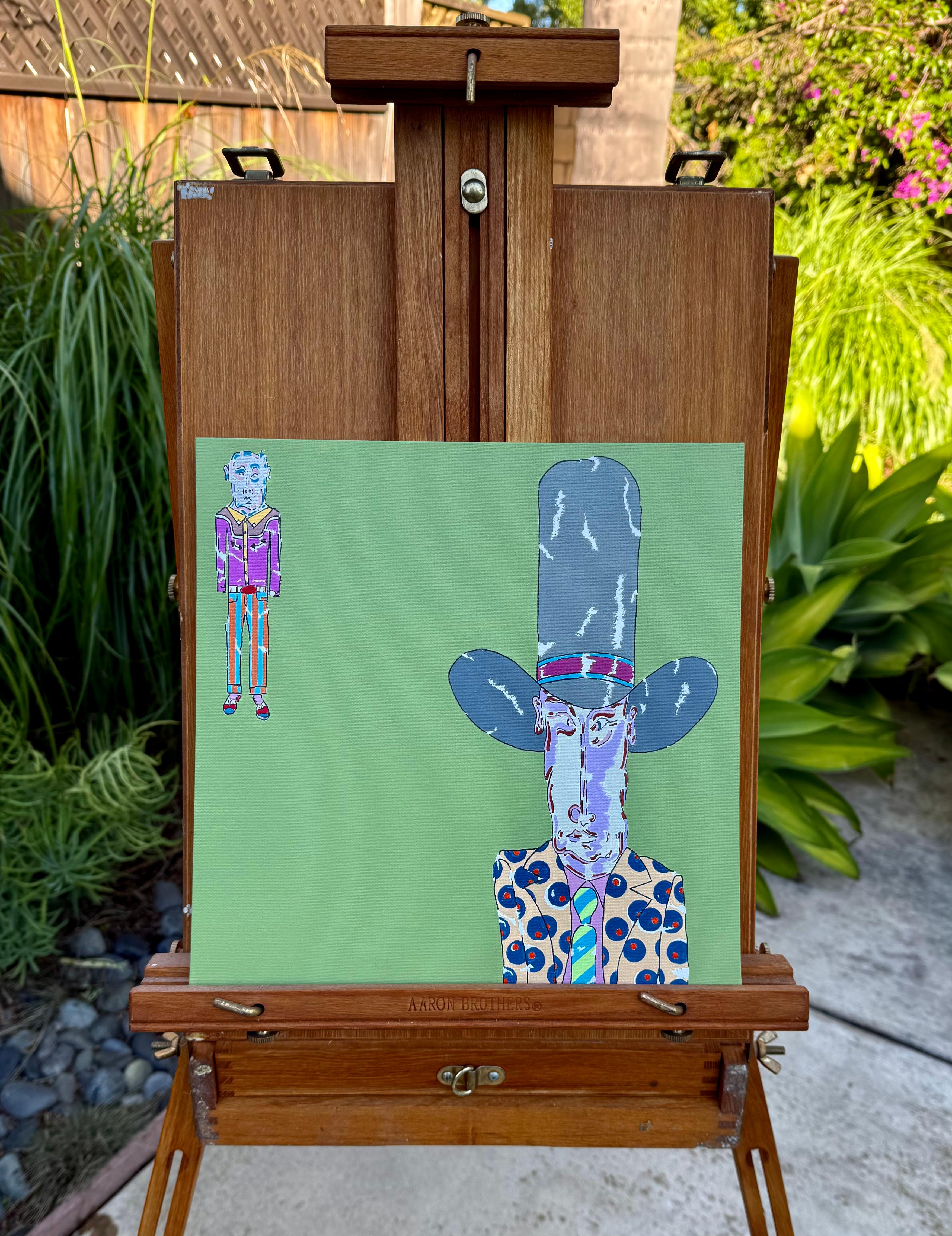 <p>Artist Comments<br>A man with a tall hat and a patterned suit dominates the composition. A smaller figure floats in the upper left corner. A flat green background creates a strong sense of distance between the characters. In this artwork, artist