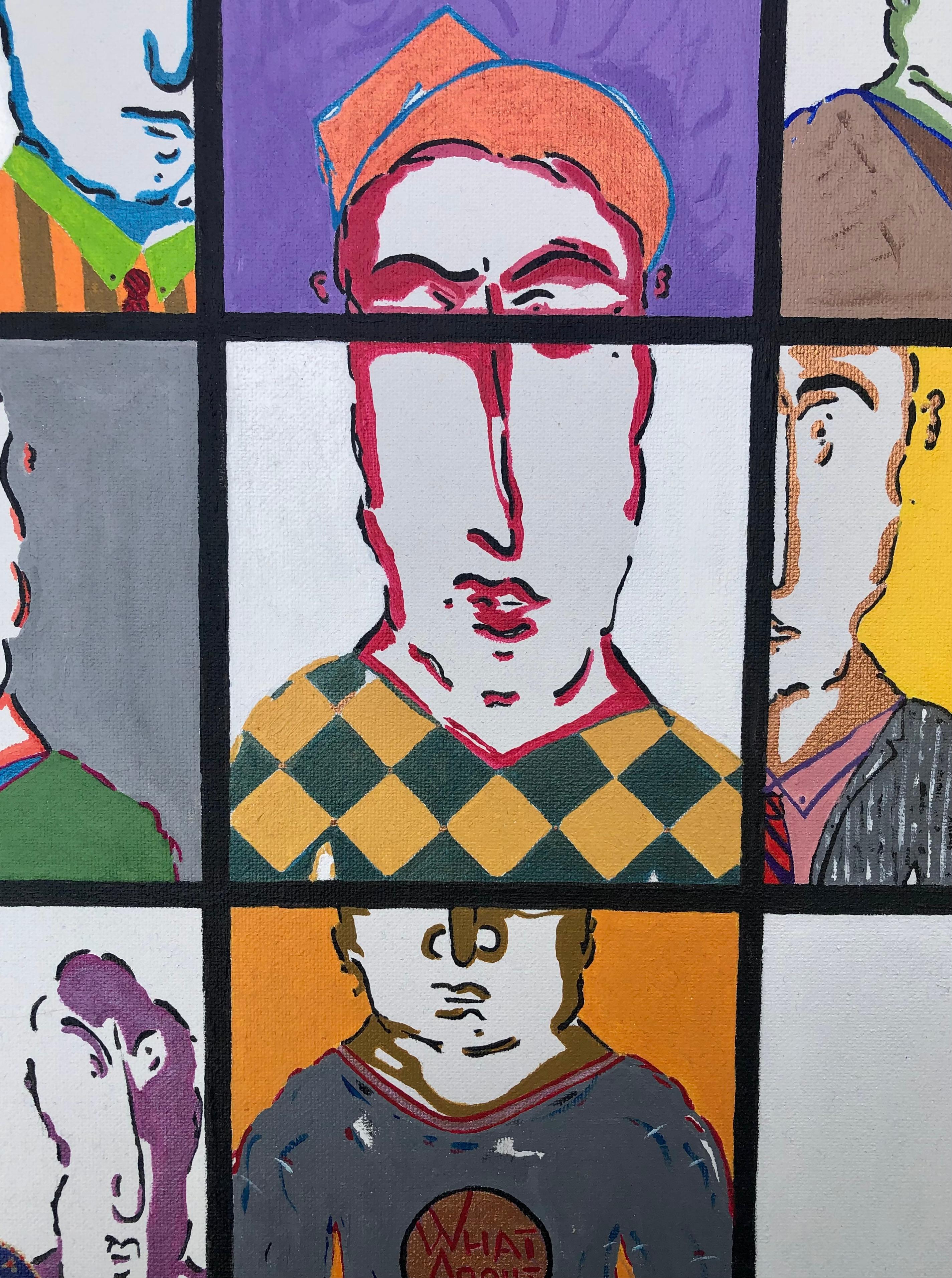 <p>Kommentare des Künstlers<br>Der Künstler John McCabe illustriert farbenfrohe grafische Gesichter, die in zwölf Mikrotafeln unterteilt sind. Er entwirft das Szenario einer explosiven politischen Landschaft innerhalb eines Gremiums von Menschen.