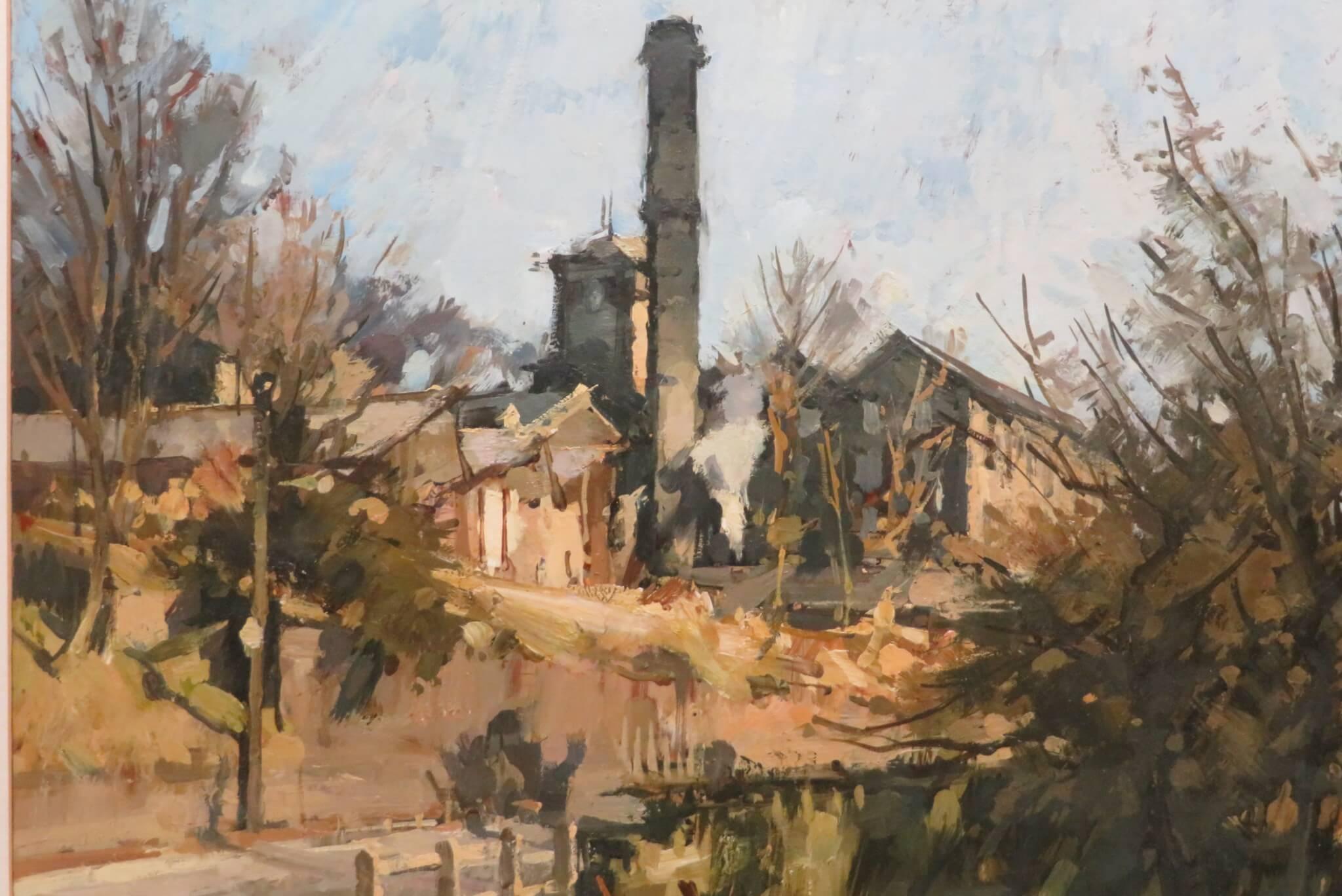 Pintura al óleo del siglo XX PAISAJE INDUSTRIAL INGLÉS de John McCombs ROI 1