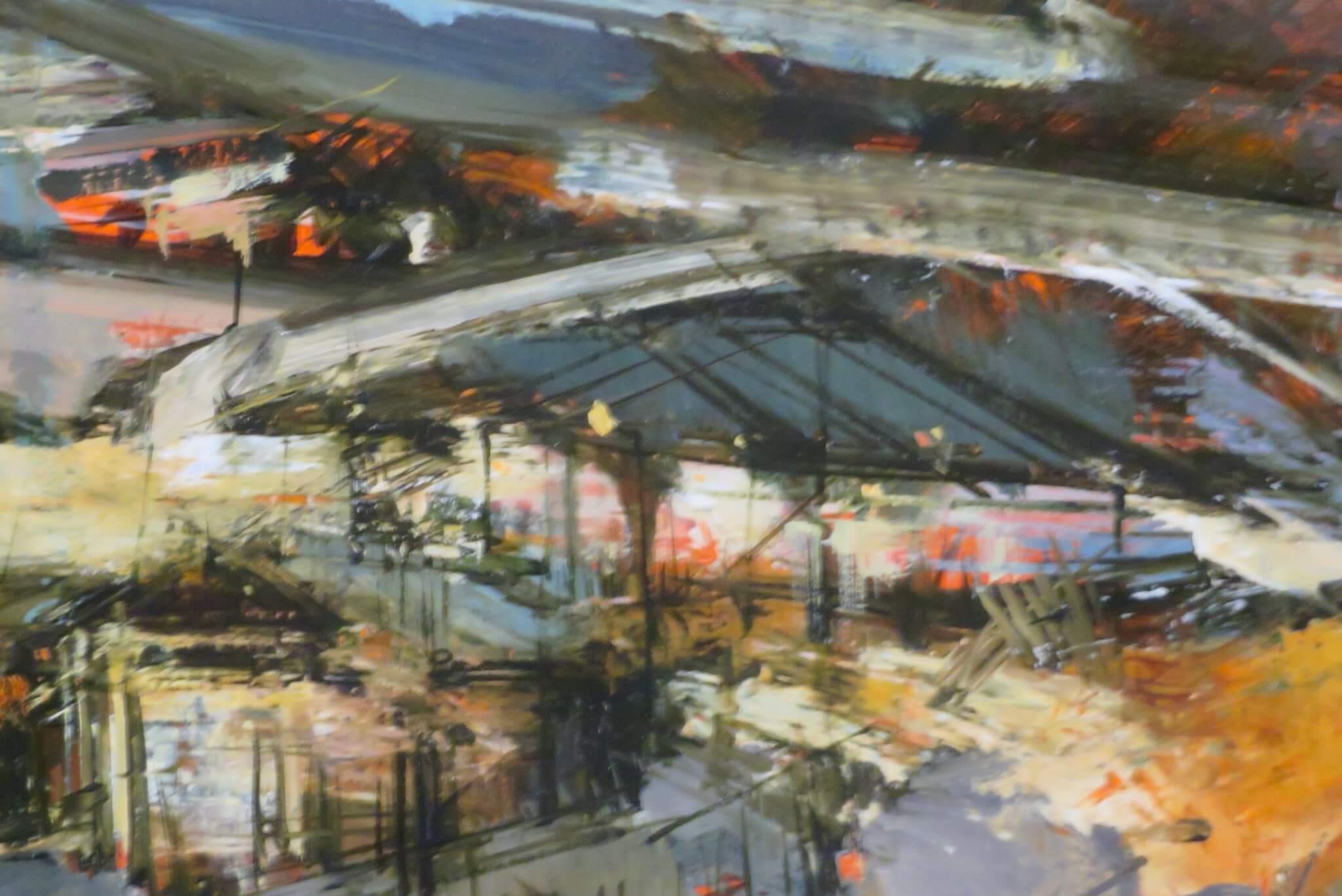 Original English impressionist oil painting Farm Shed At Delph Lancashire - Gray Figurative Painting by John McCombs