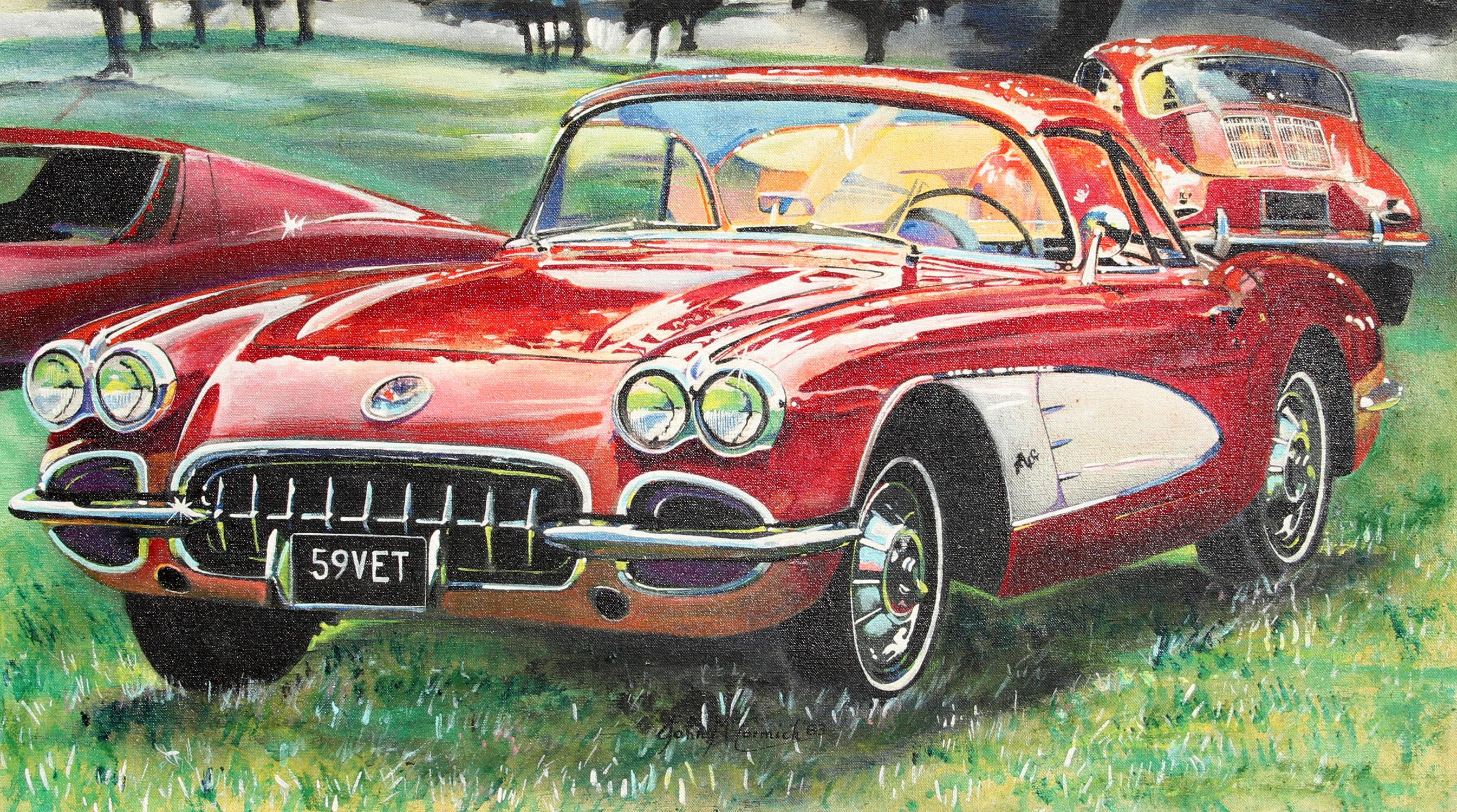 Artiste : John McCormick, américain
Titre : Corvette 1959
Année : 1983
Moyen : Huile sur toile, signée
Taille : 18 in. x 32 in. (45,72 cm x 81,28 cm)