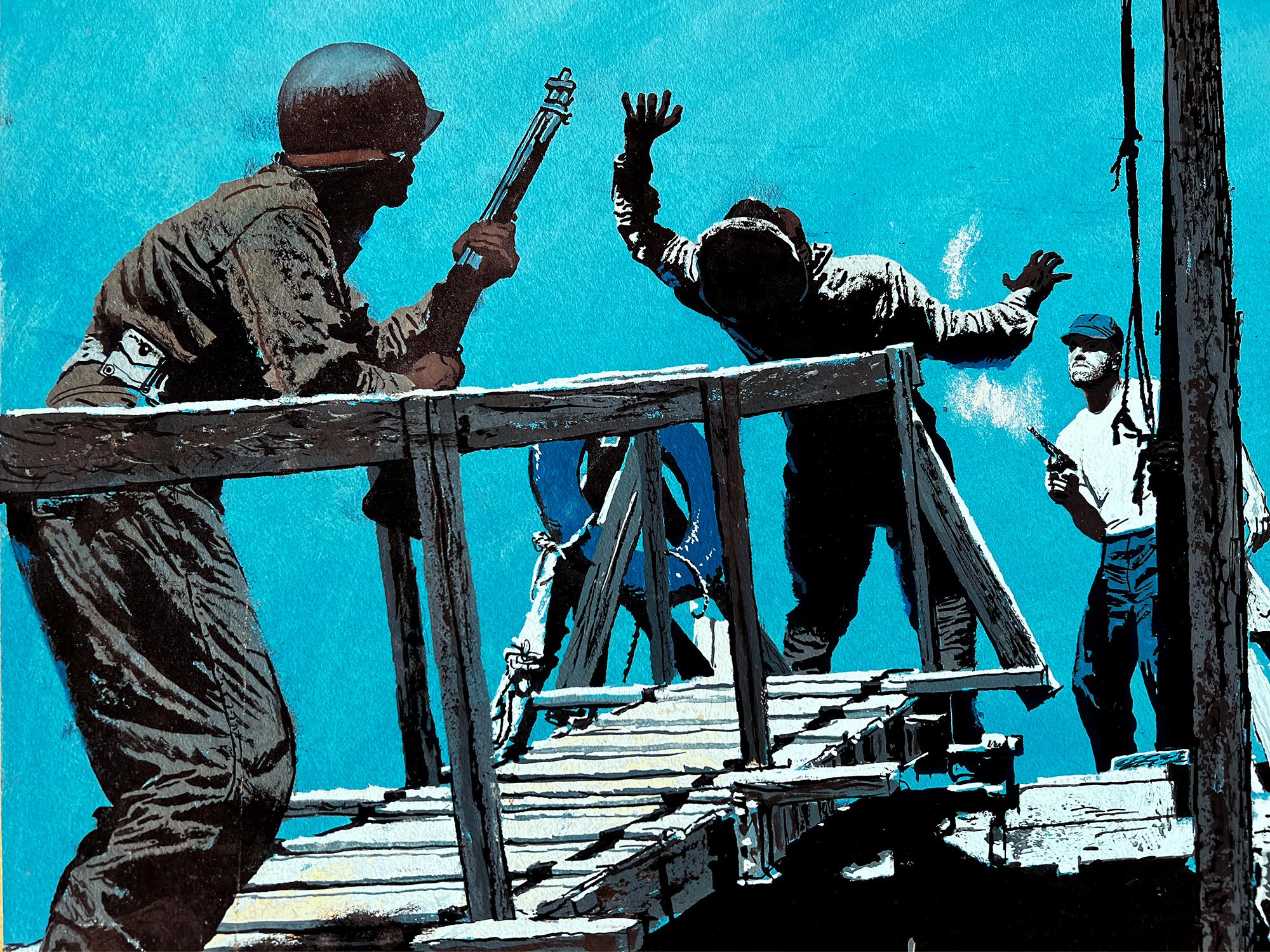 Pulp Magazine Marine Combat Scene Shoot Out in Blue Noir - Painting by John McDermott