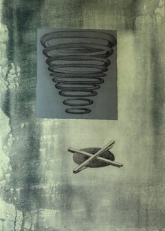 "Permanent Stain", soft ground still-life print, gray chine colle, blue black.