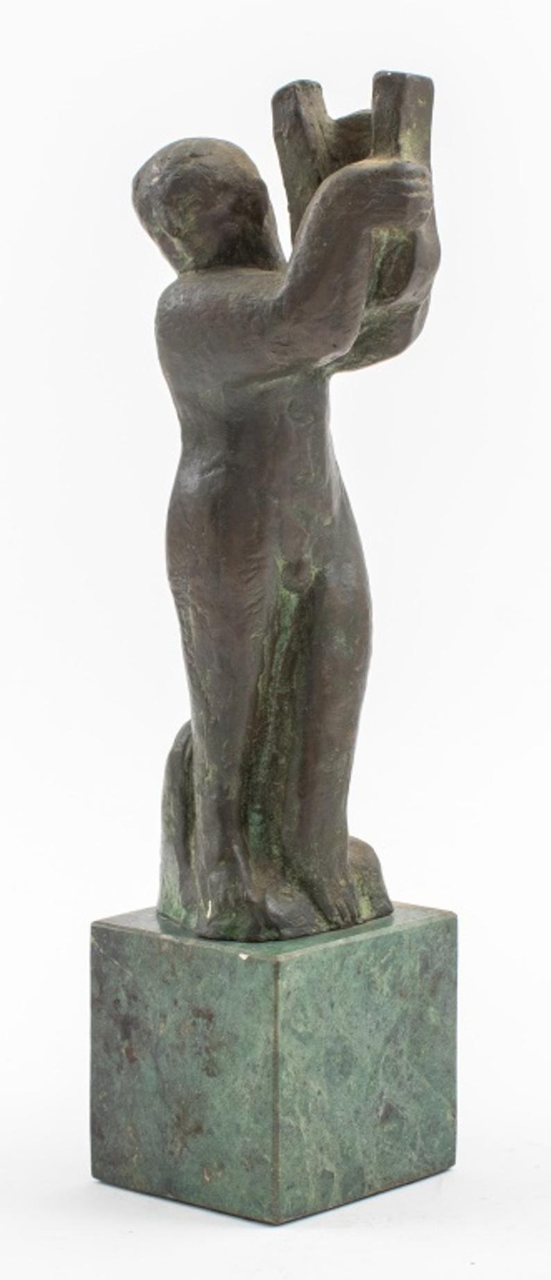Attributed to John McDonnell (American, b. 1880) verdigris patinated bronze sculpture depicting a standing nude male harp player, signed 
