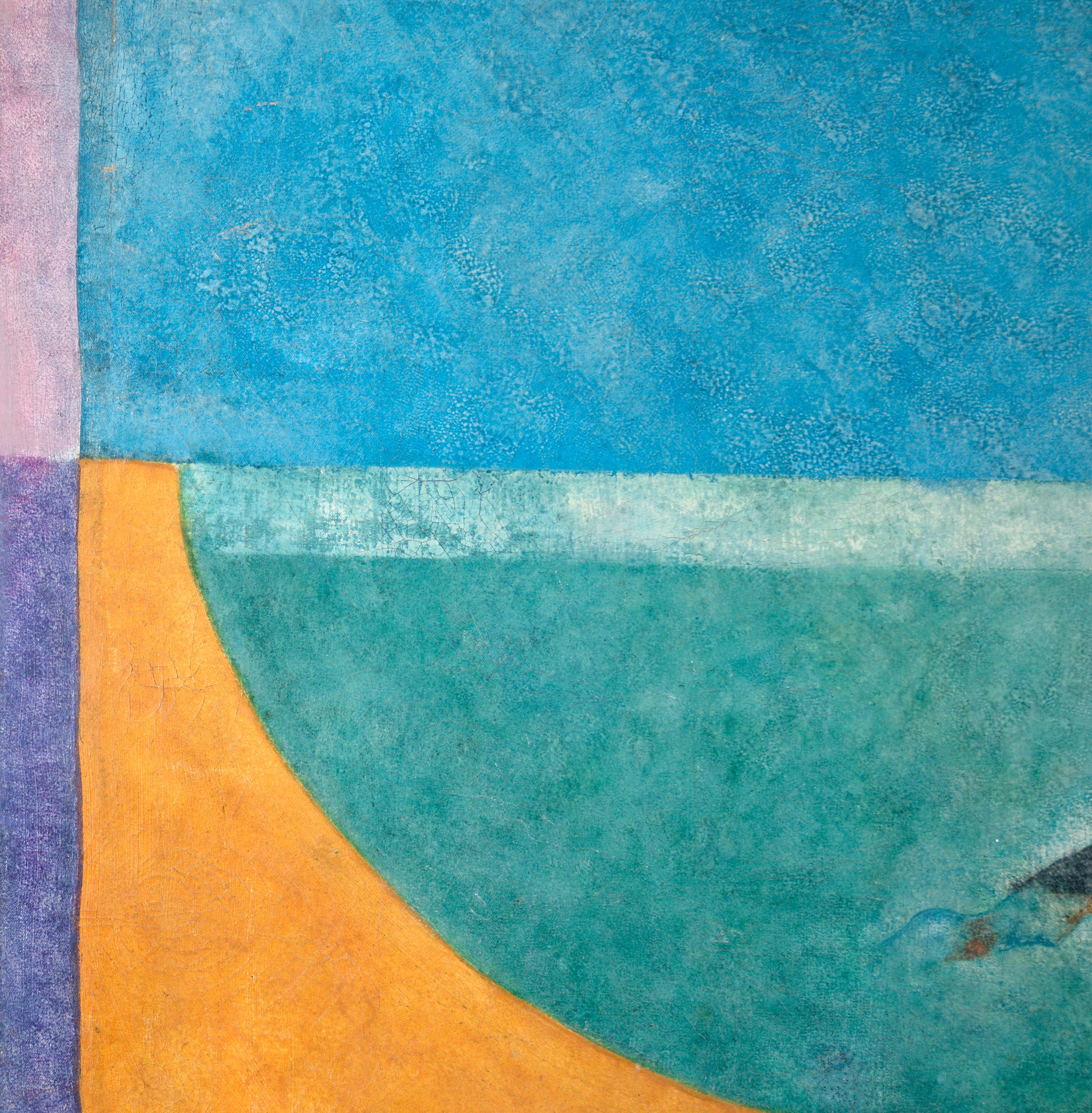 Nager au coucher du soleil - Paysage surréaliste avec deux nageurs à l'huile sur toile

Œuvre minimaliste et surréaliste colorée de John McDonnell. Deux personnes nagent dans une étendue d'eau, représentée dans un style audacieux et minimaliste. Le