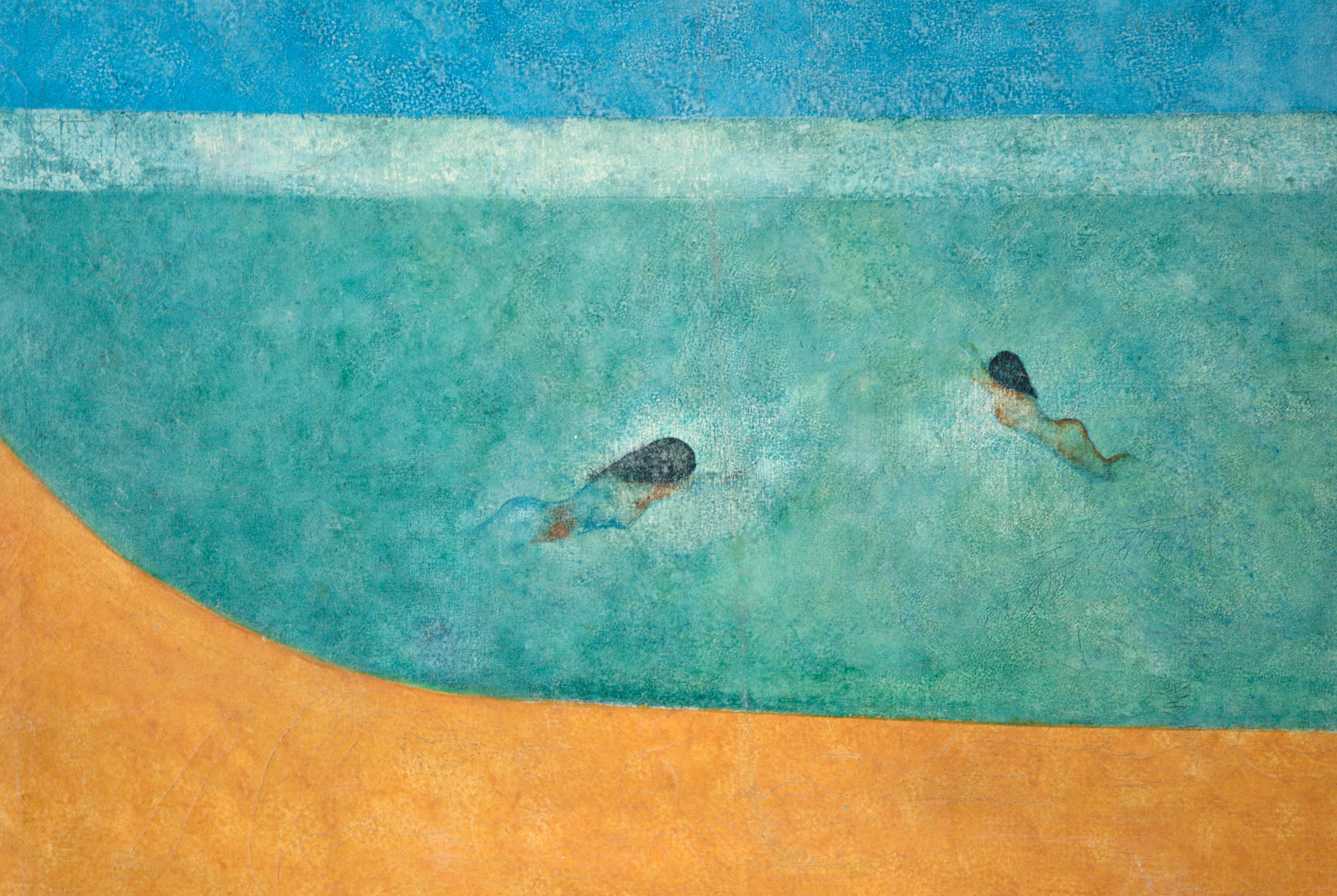 Nager au coucher du soleil - Paysage surréaliste avec deux nageurs à l'huile sur toile 1
