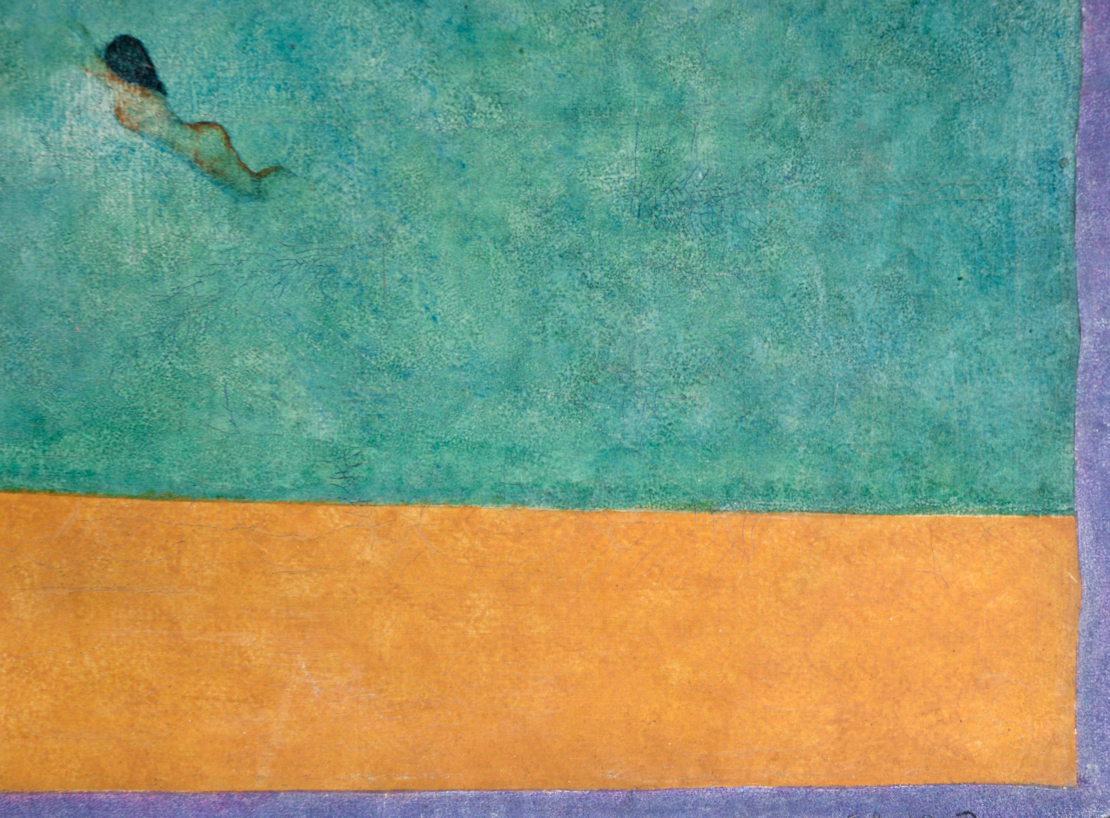 Swimming at Sunset - Surrealist Landscape with Two Swimmers in Oil on Canvas 4