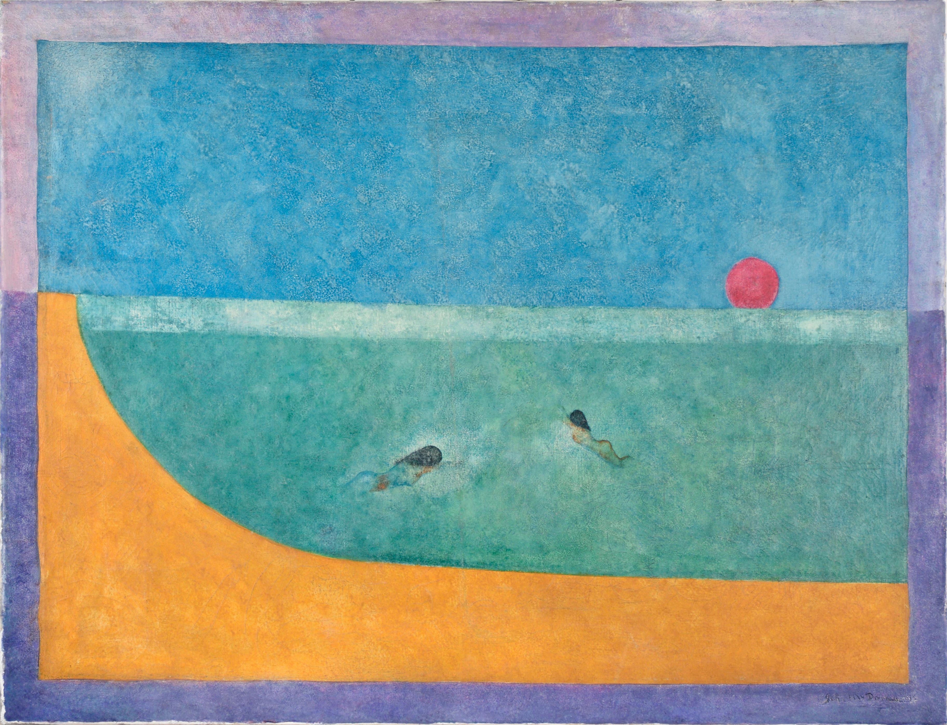 Landscape Painting John McDonnell - Nager au coucher du soleil - Paysage surréaliste avec deux nageurs à l'huile sur toile