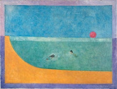 Vintage Swimming at Sunset - Surrealist Landscape with Two Swimmers in Oil on Canvas