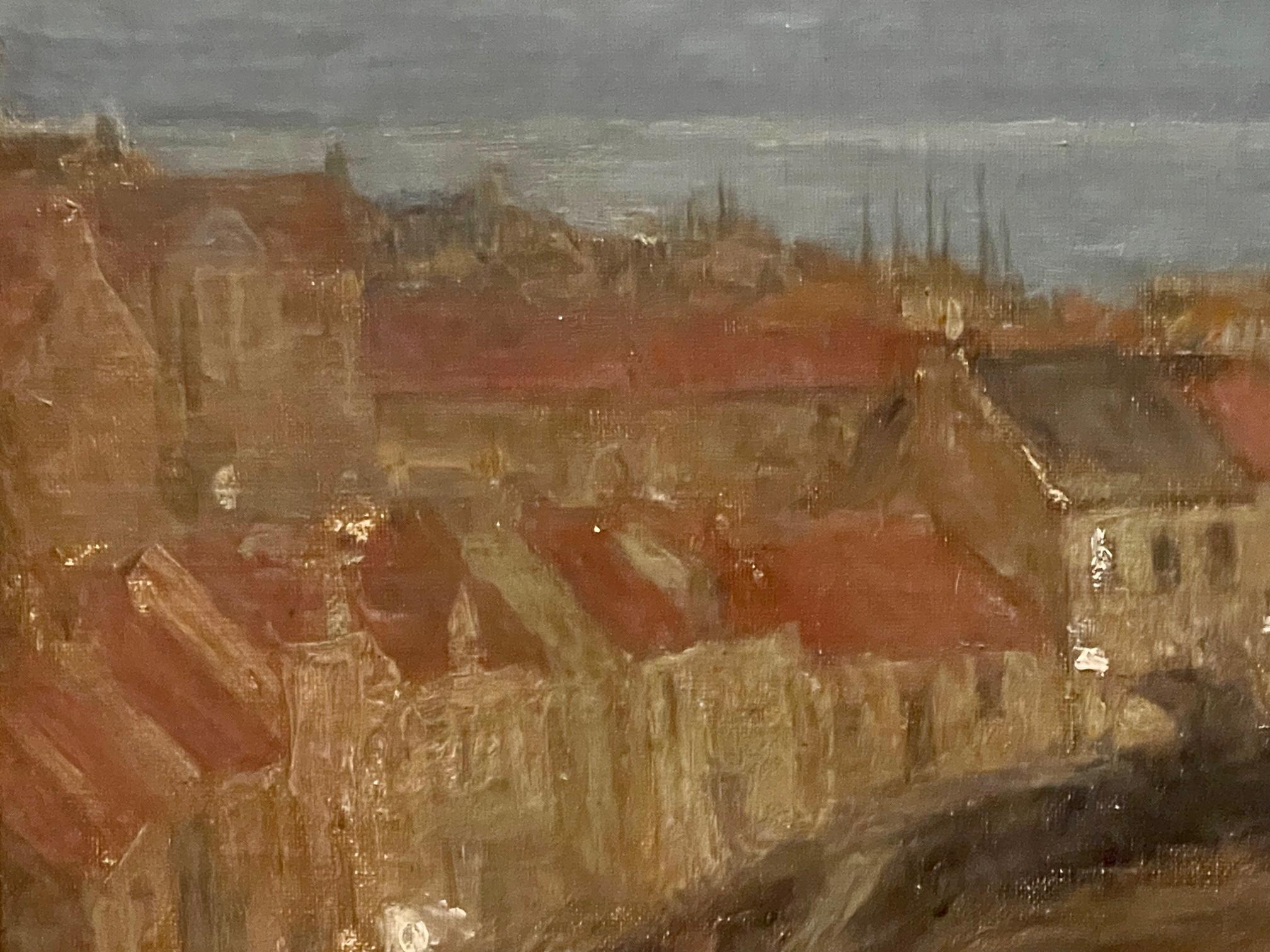 Óleo impresionista del puerto escocés de Pittenweem en el crepúsculo, titulado 