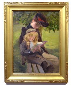 In the Park, American Impressionist, Mother and Child, Landscape, Figures, Oil