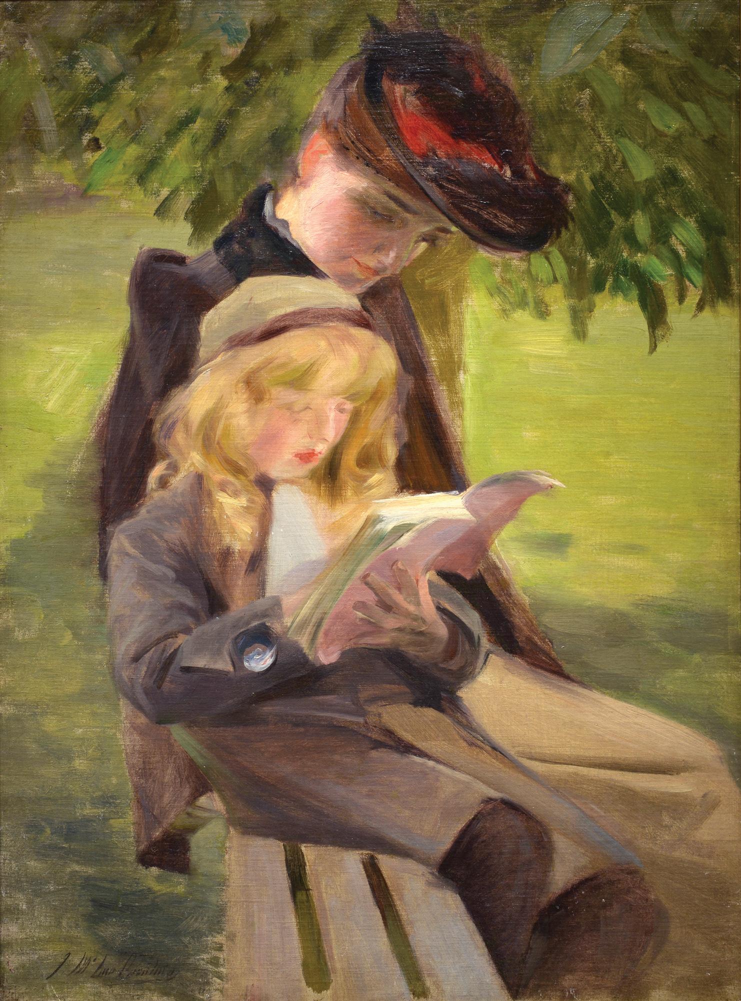 In the Park, American Impressionist, Mother and Child, Landscape, Figures, Oil