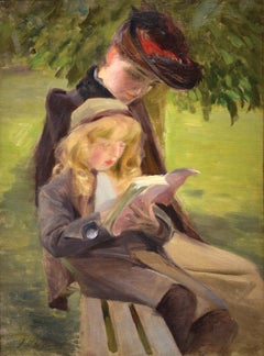 Antique In the Park, American Impressionist, Mother and Child, Landscape, Figures, Oil