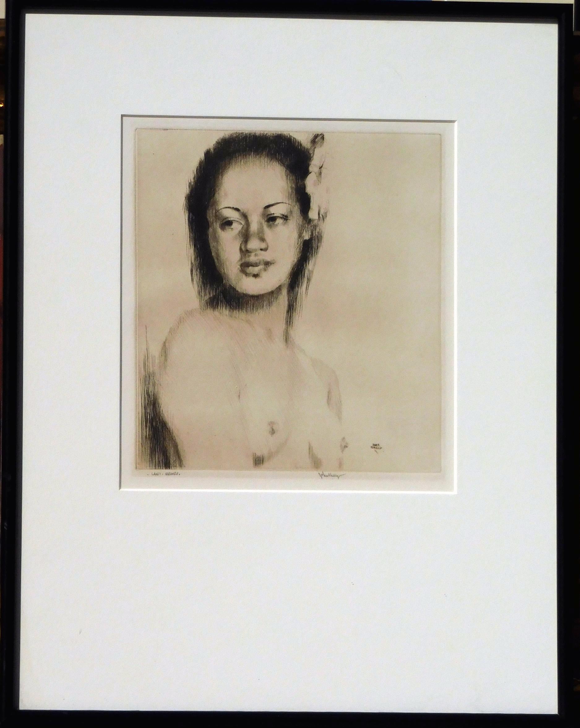 John Melville Kelly drypoint - Hawaiian female subject circa 1930s - 1940s.
Signed lower right in pencil, John Kelly. Titled lower left in pencil “Lani - Hawaii.”
A wonderful impression with full margins in excellent condition.
Image size 8 3/4 x