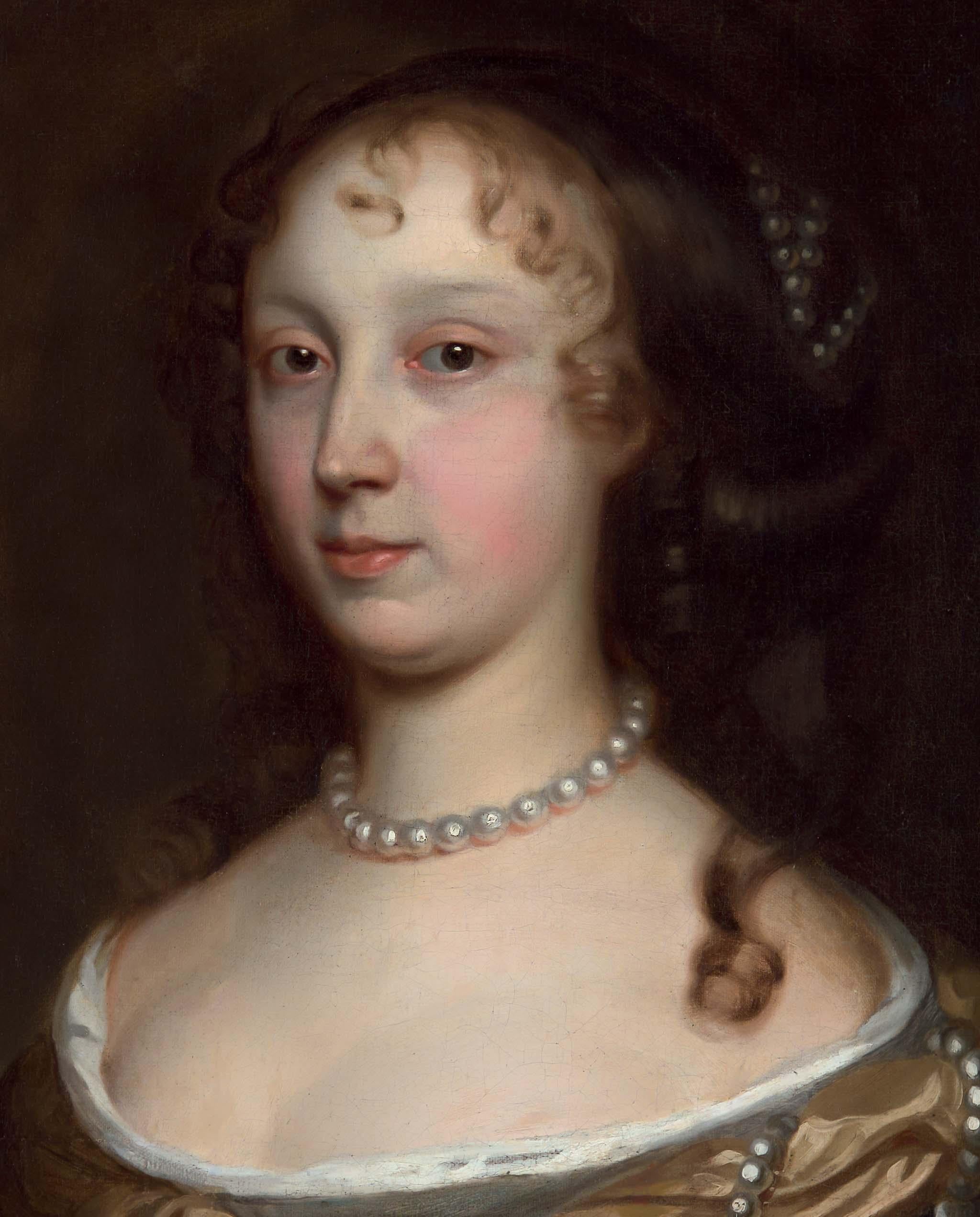 Portrait of a Lady in Green Dress & Pearl Jewellery c.1660 Painting John Wright For Sale 3