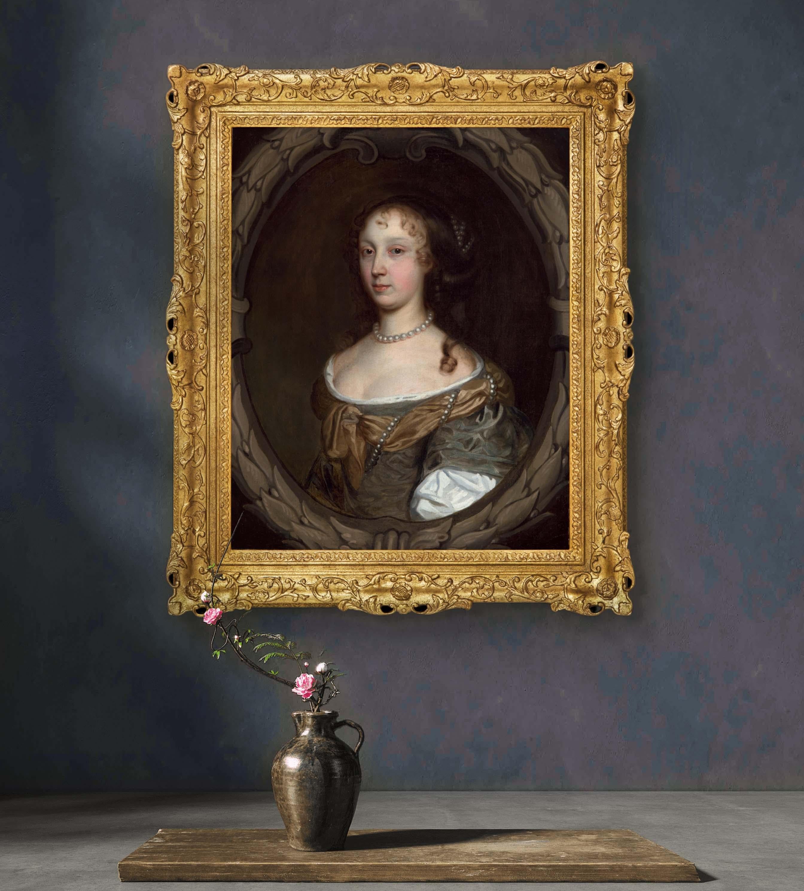 Ritratto di donna in abito verde e gioielli di perle c.1660 Dipinto John Wright