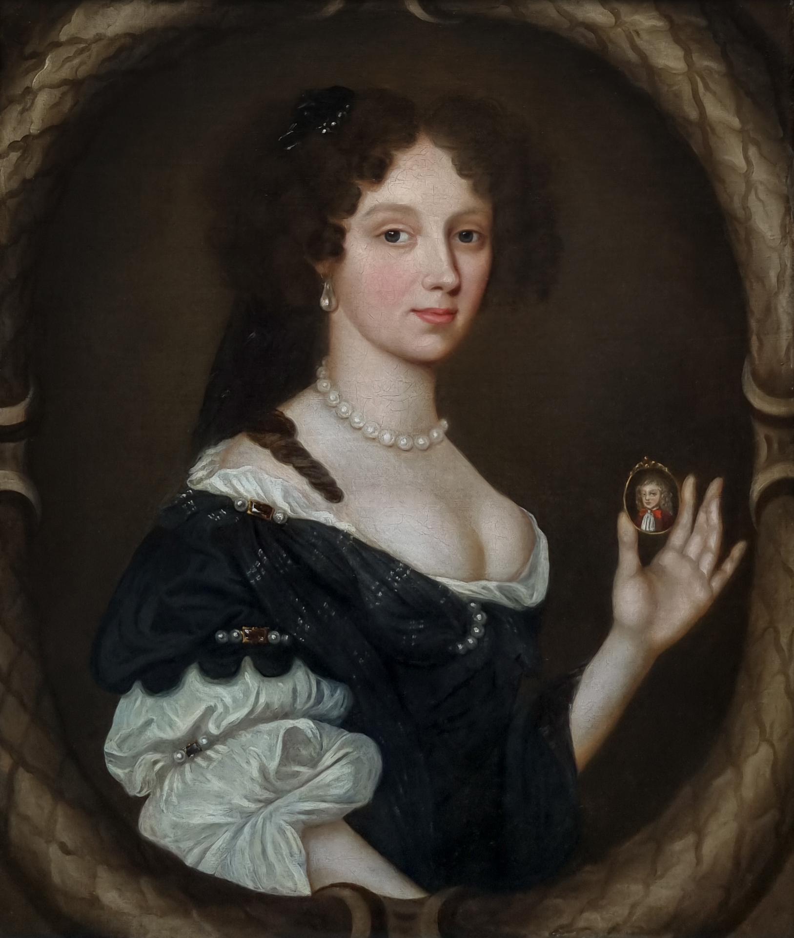 In this touching composition a young woman has been depicted wearing a dark coloured dress, draped at the bodice with a gauzy silk scarf and with pearls and large diamonds, over a white chemise, the attire is indicative of the sitters wealth.  The