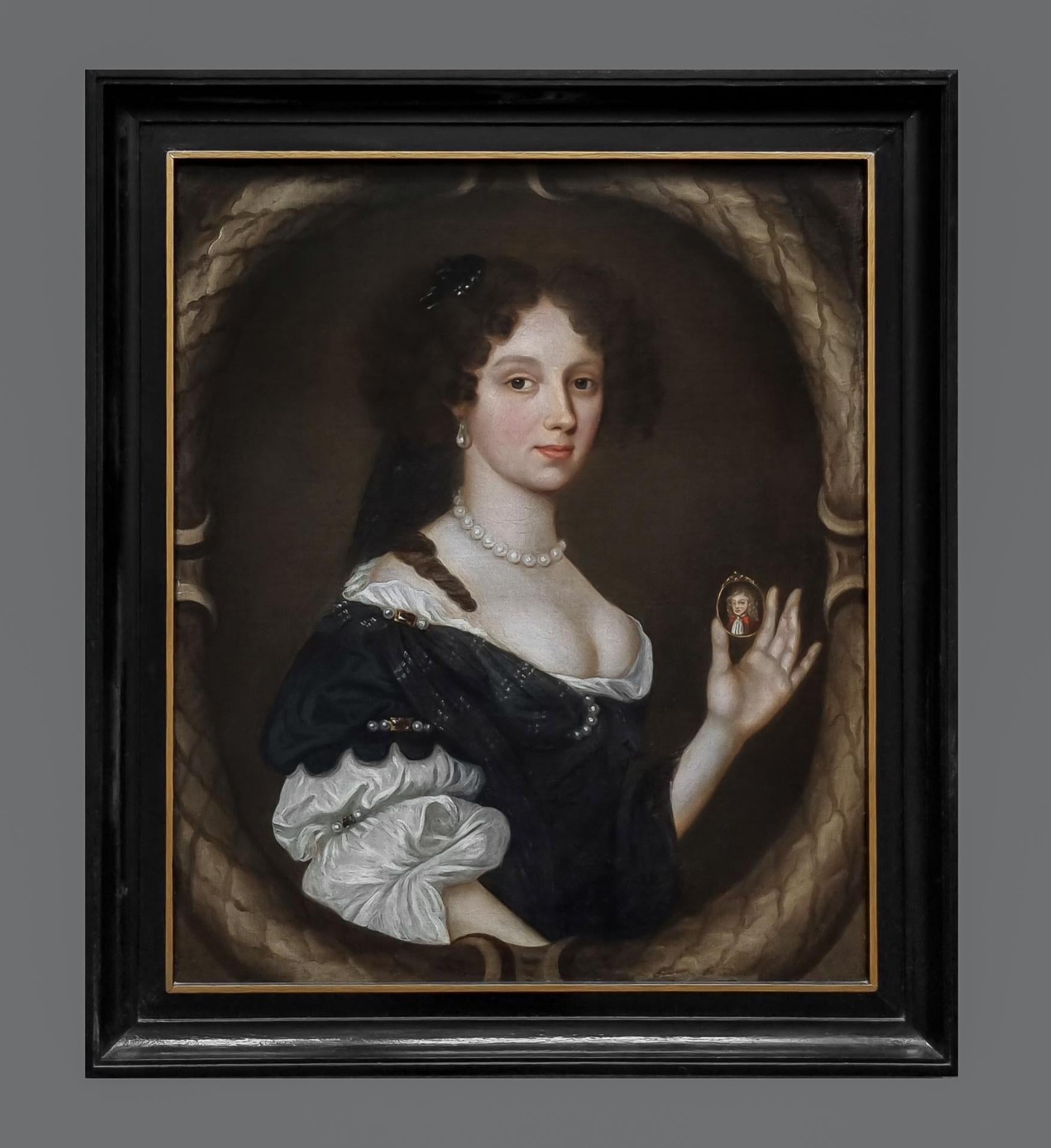 Porträtgemälde einer Dame mit Miniatur eines Jungen ca. 1673-1680, Antikes Öl – Art von John Michael Wright