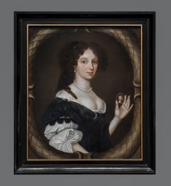 Antique Portrait Painting of a Lady Holding a Portrait Miniature of a Boy c.1673-1680