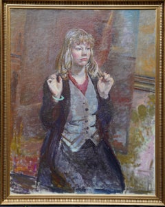 Portrait of Kneeling Girl - Scottish 50's art portrait oil painting
