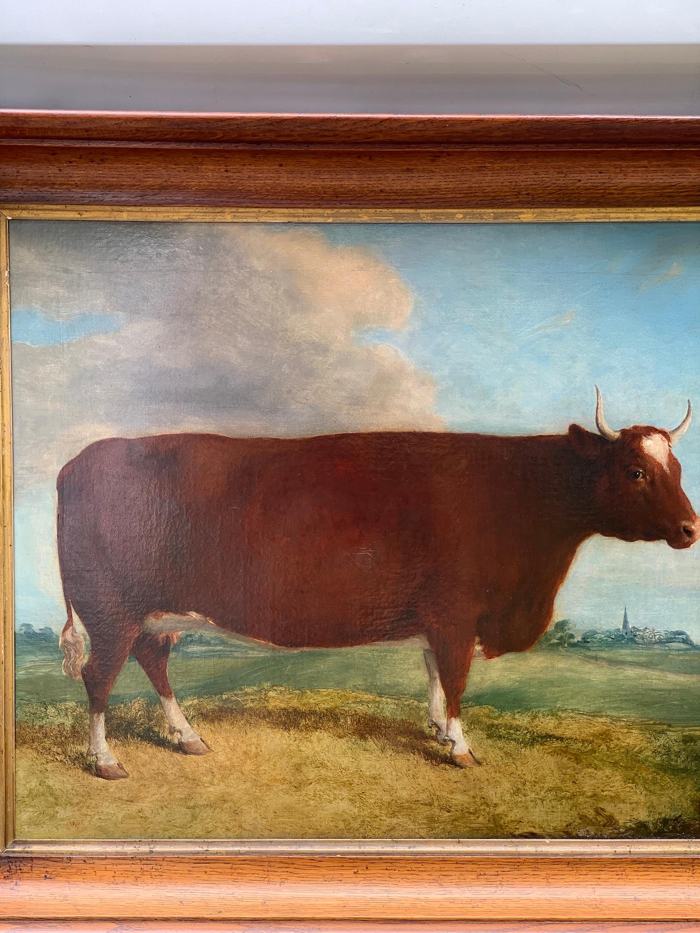 19th century English folk are portrait of a Bull in a landscape  - Painting by John Miles of Northleach