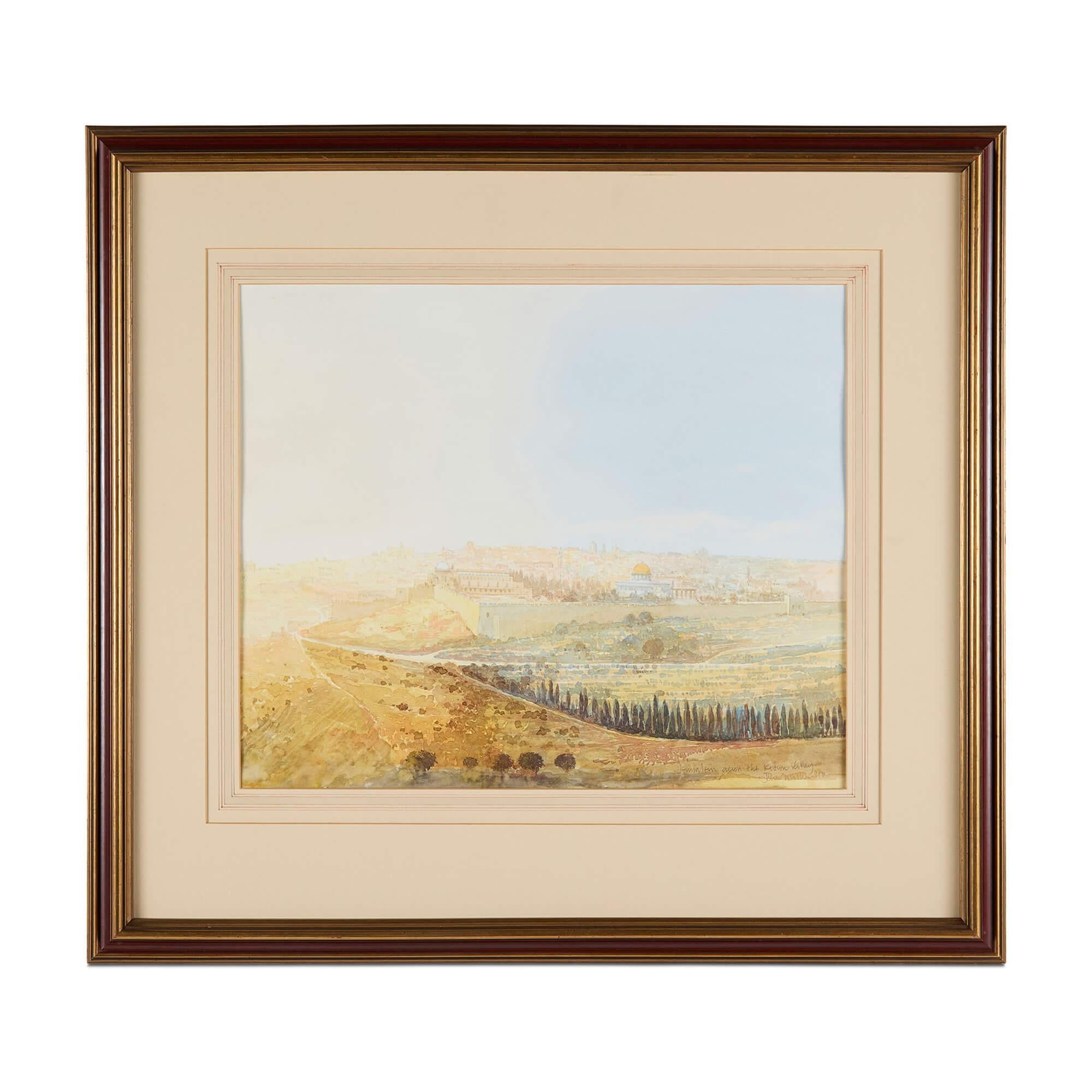Landscape Painting di John Miller (b.1939) - Gerusalemme attraverso la valle del Kidron", acquerello orientalista britannico di A. Miller